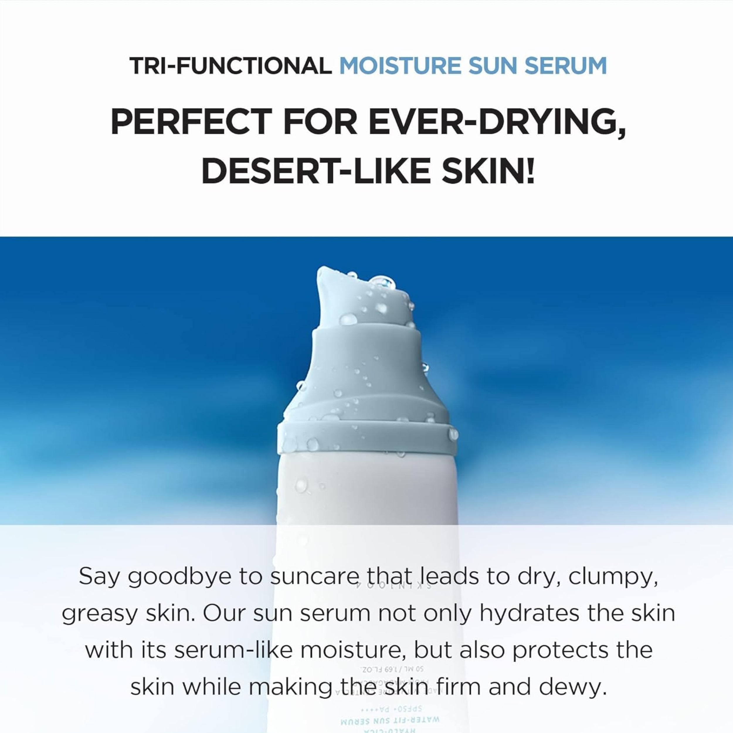 Tri-functional moisture sun serum with text on a blue gradient background