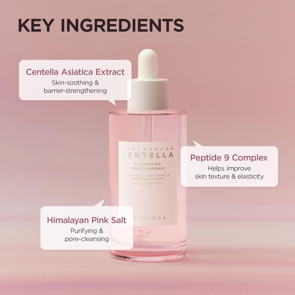 Skincare serum bottle with key ingredients listed on a pink background