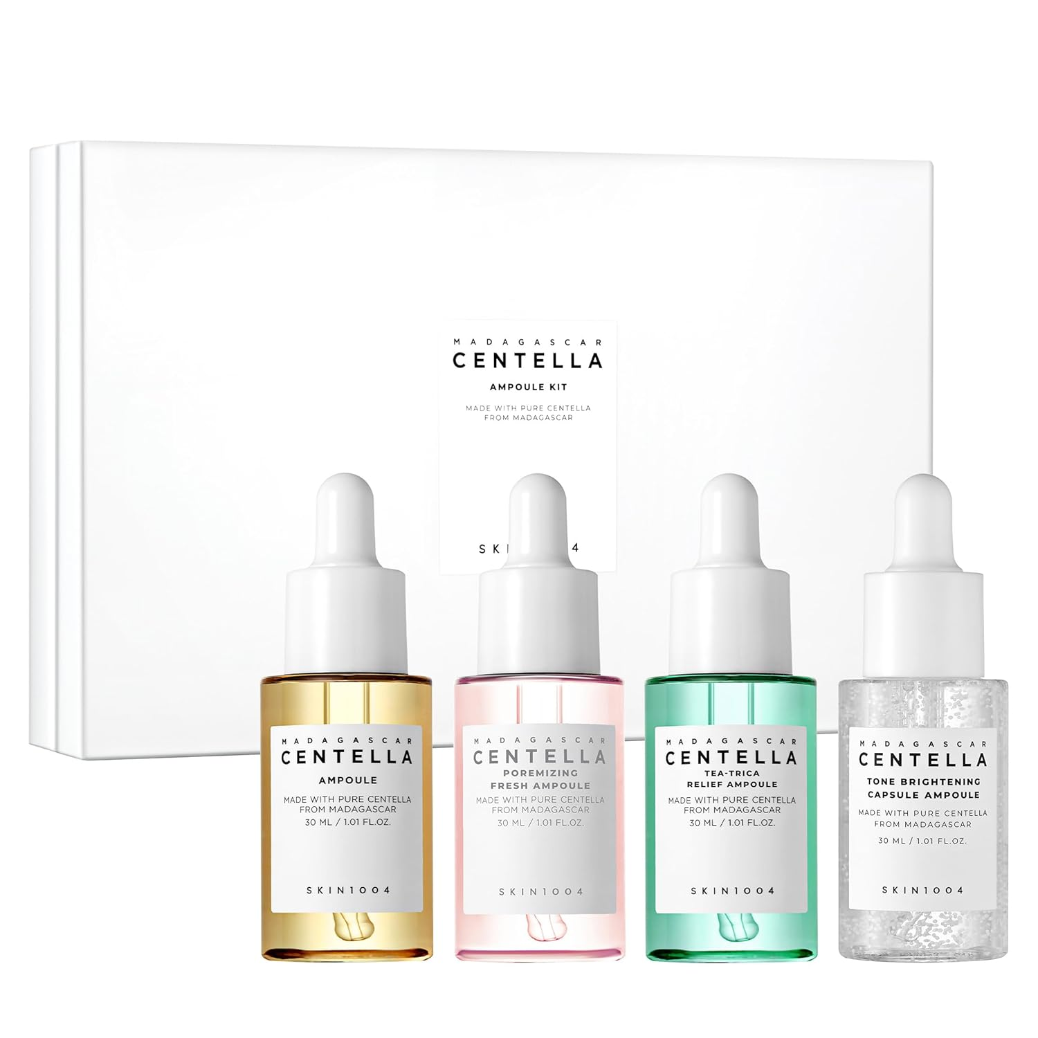 Set of four skincare ampoules with a white box labeled 'Skinceed Centella' on a white background.