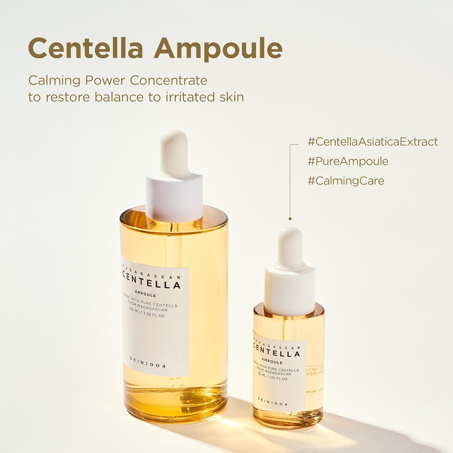 Two bottles of Centella Ampoule with droppers on a light background