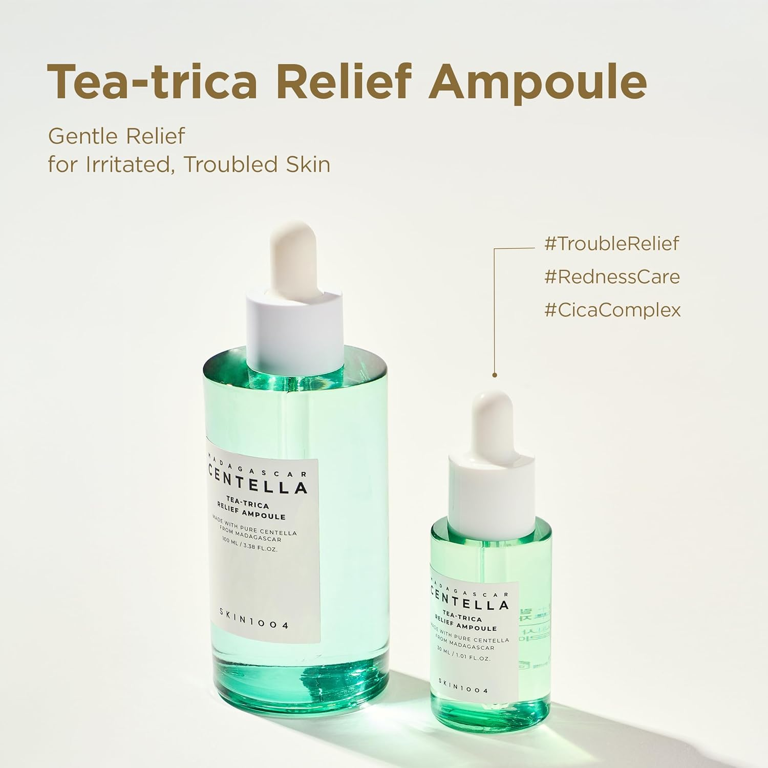 Tea-trica Relief Ampoule bottles with dropper on a white background