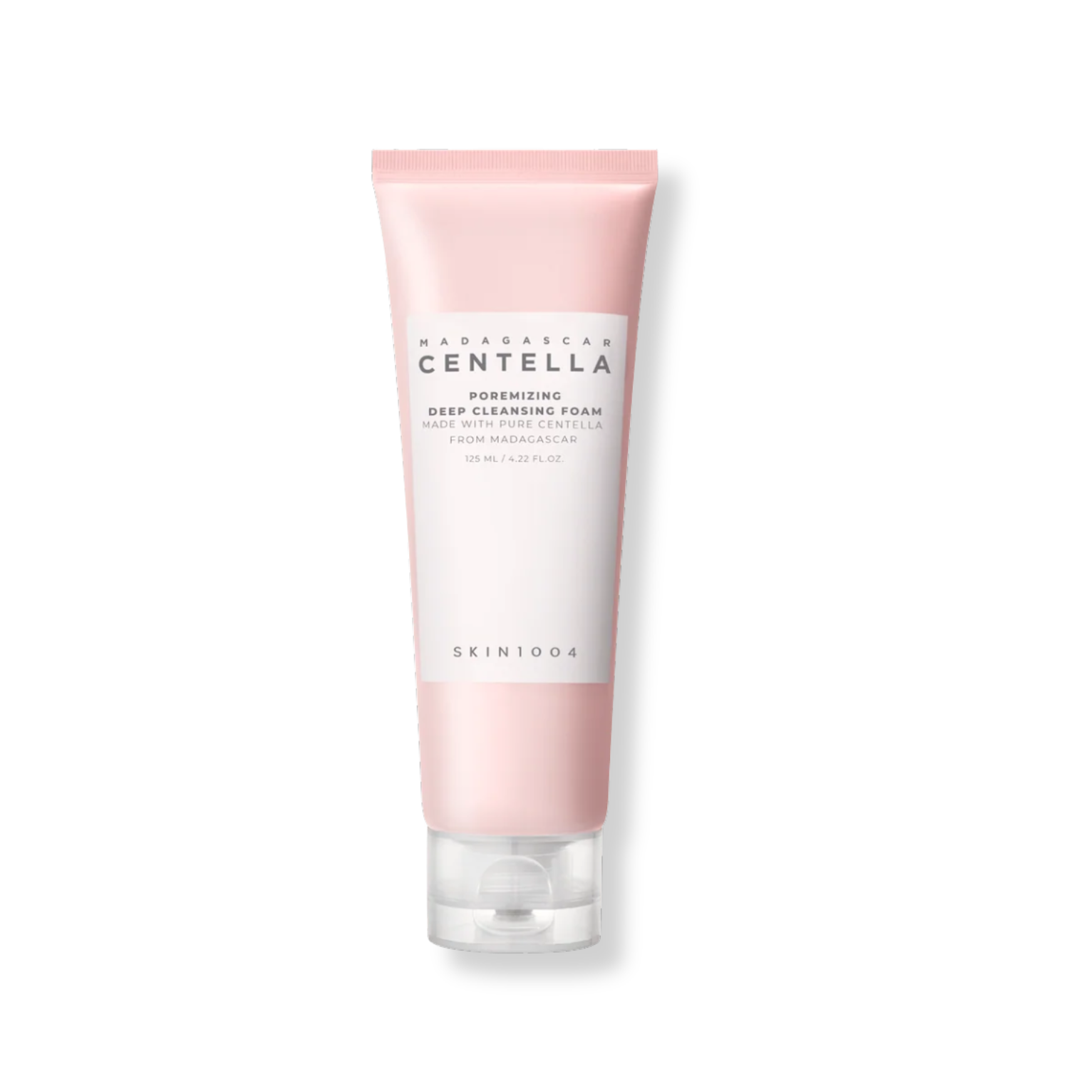 Skincare tube with pink and white design on a white background