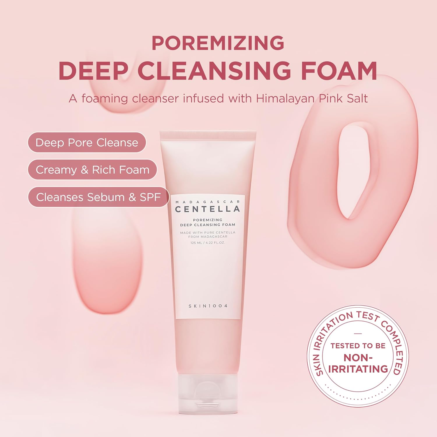 Skincare product with text on a pink background