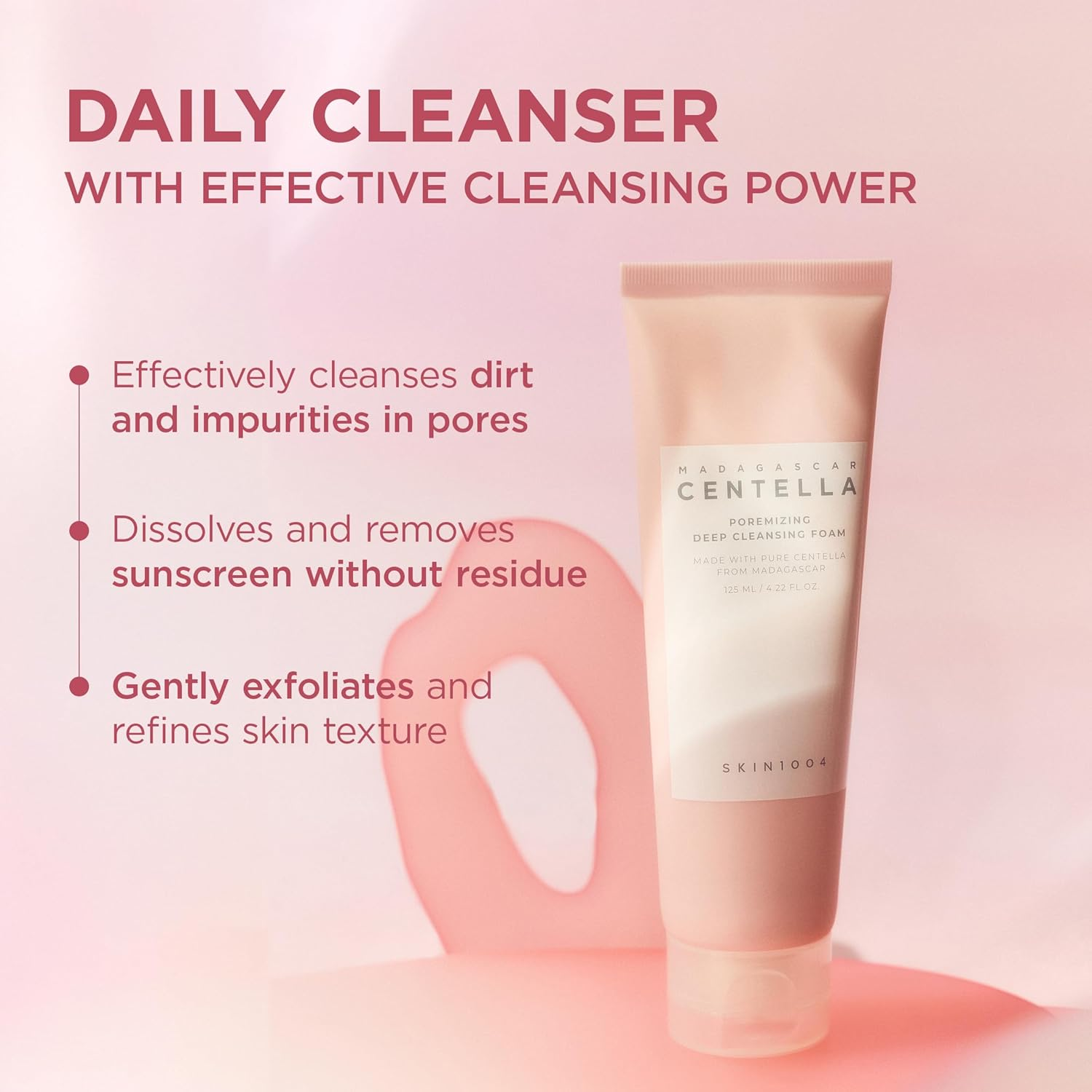 Skinfood Centella Daily Cleanser tube with product benefits on a pink background