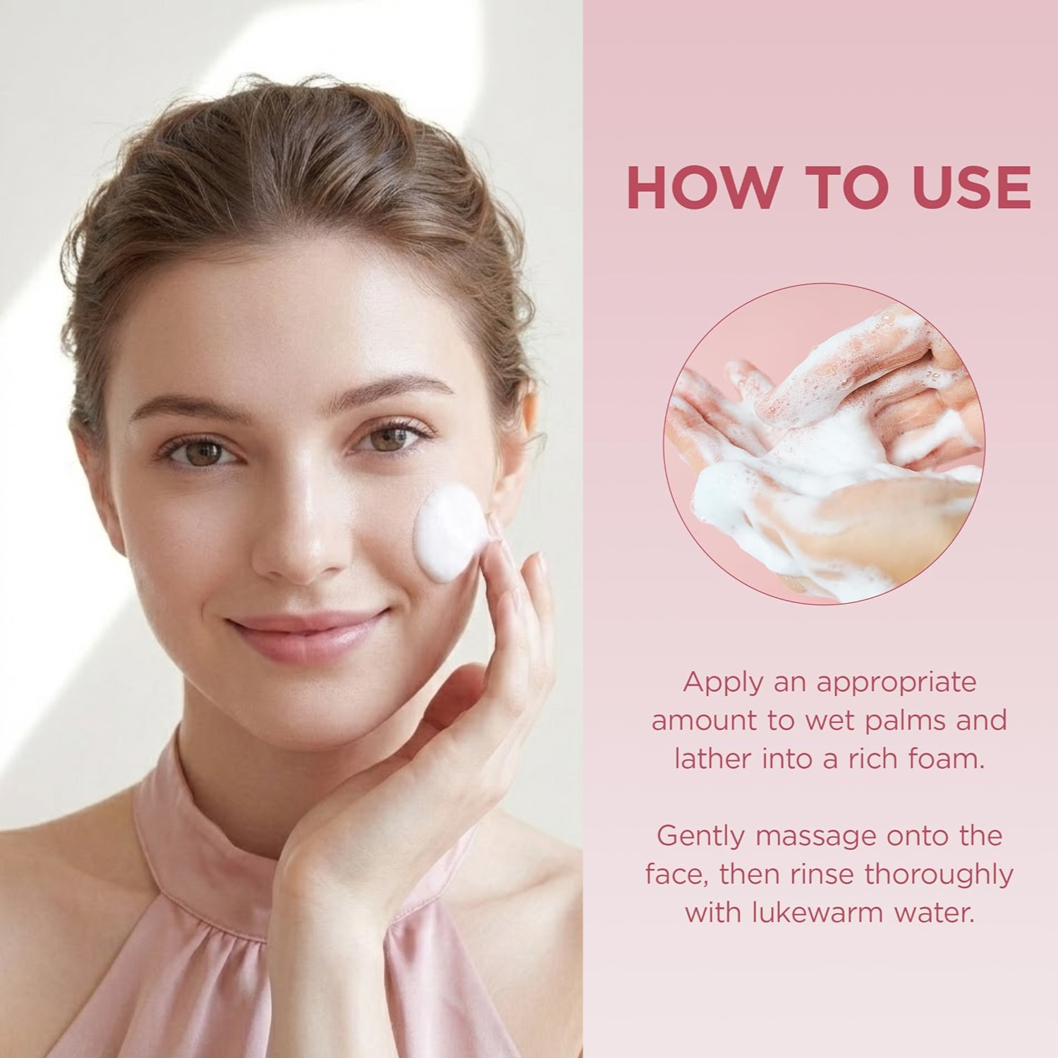 Woman applying cream to her face with a close-up of hands applying foam and text on a pink background.