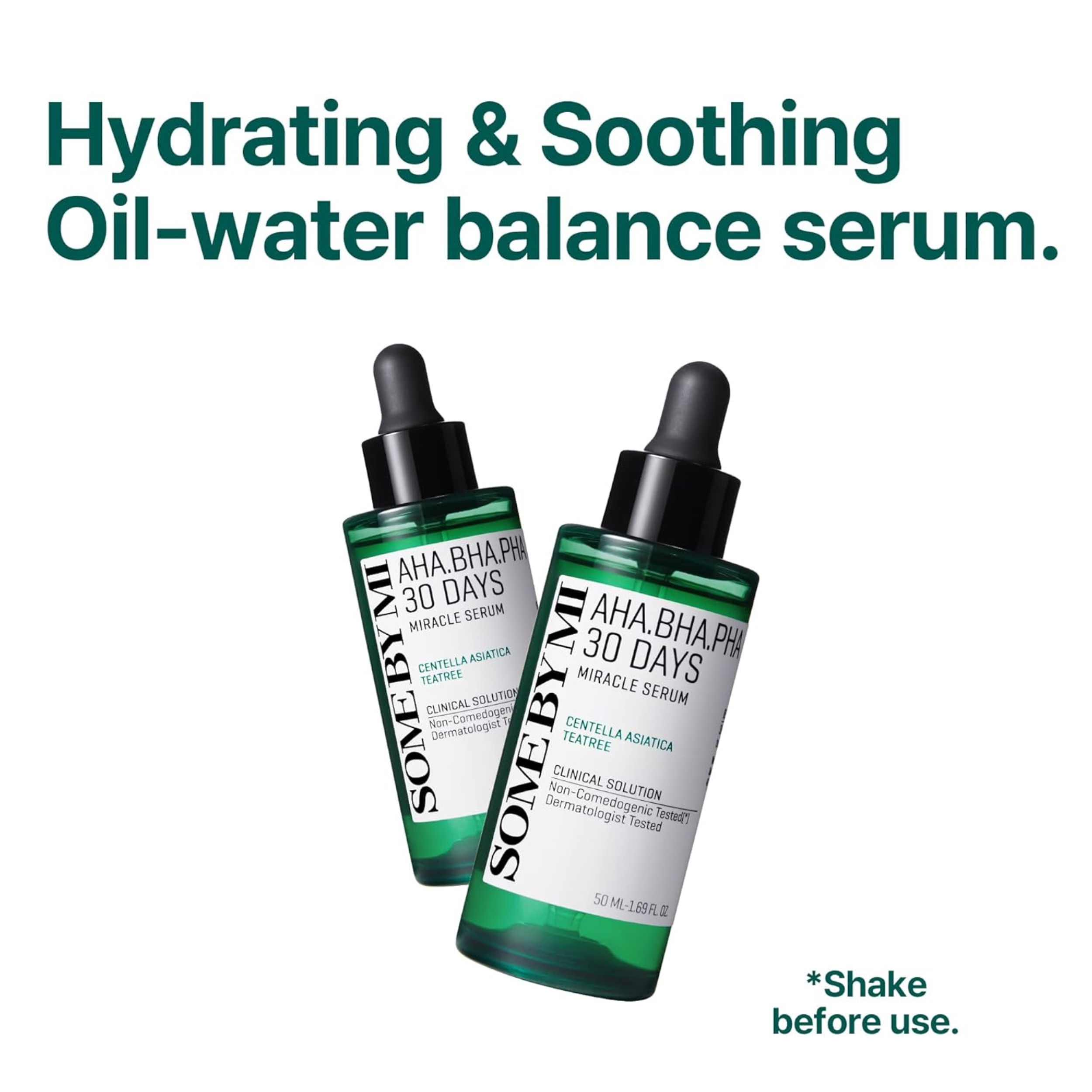 Two bottles of 'Solve by Mi' oil-water balance serum on a white background with text about hydration and soothing.