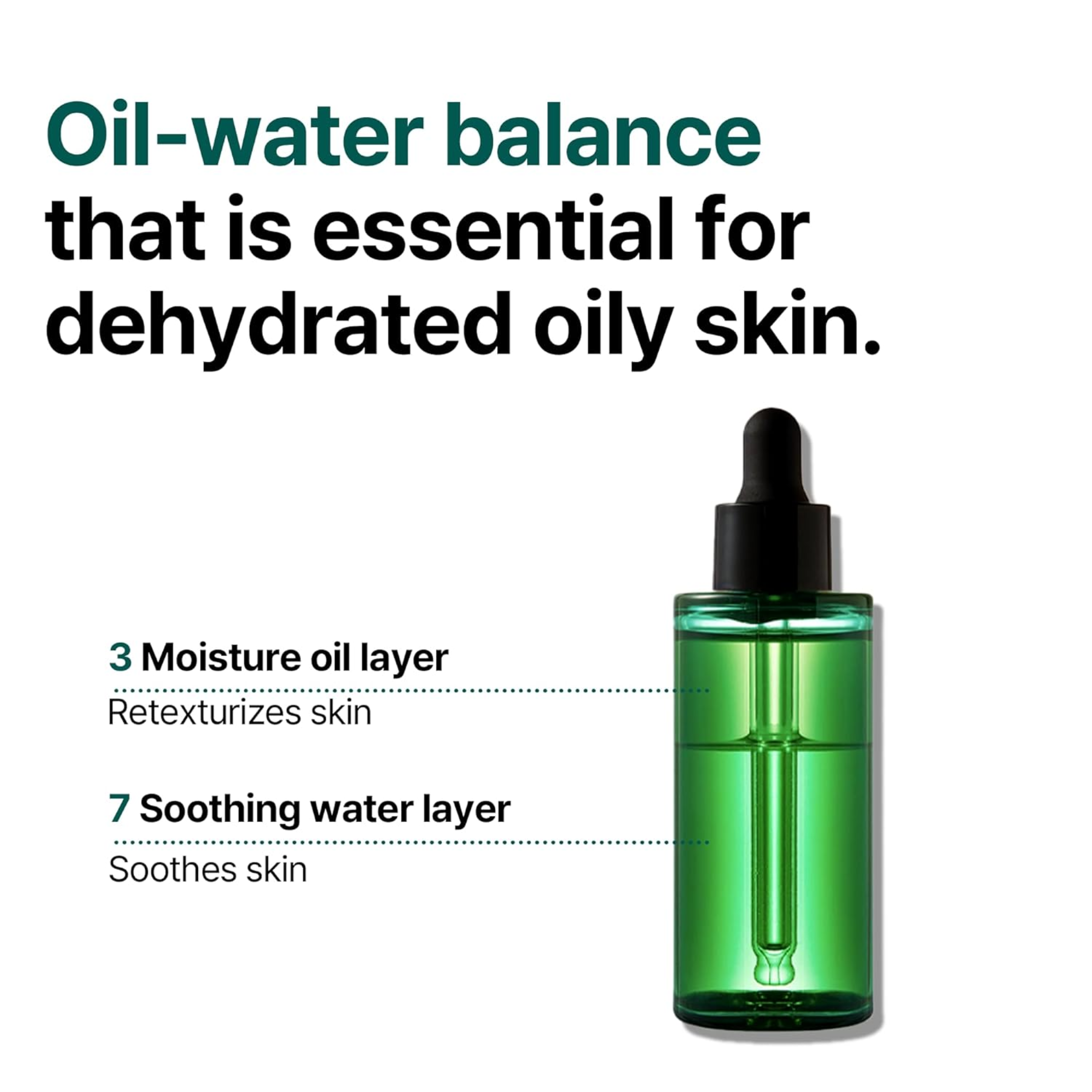 Green bottle with dropper labeled for oil-water balance skincare solution on a white background
