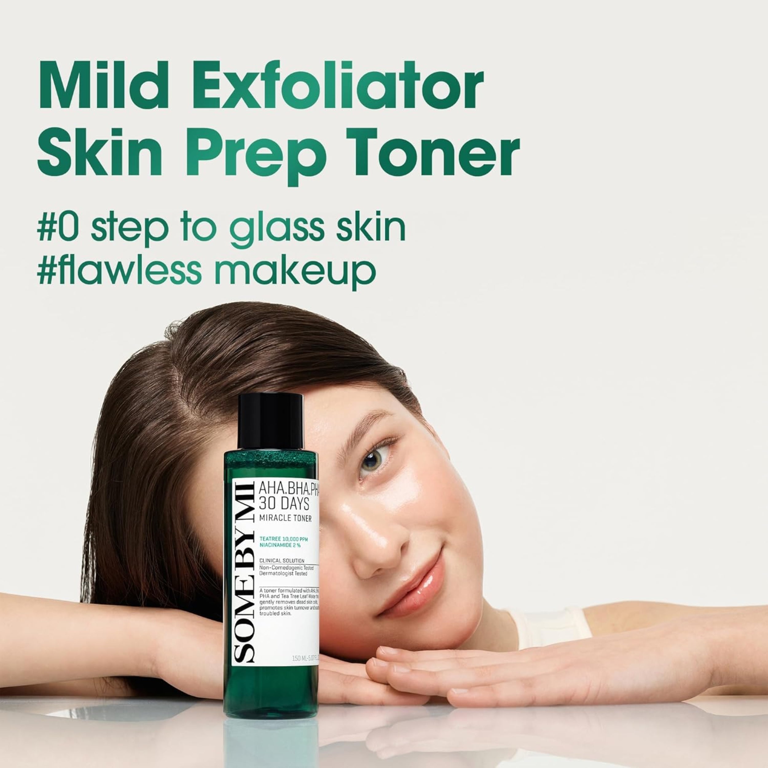 Skincare product with a woman's face and text about exfoliator and toner.