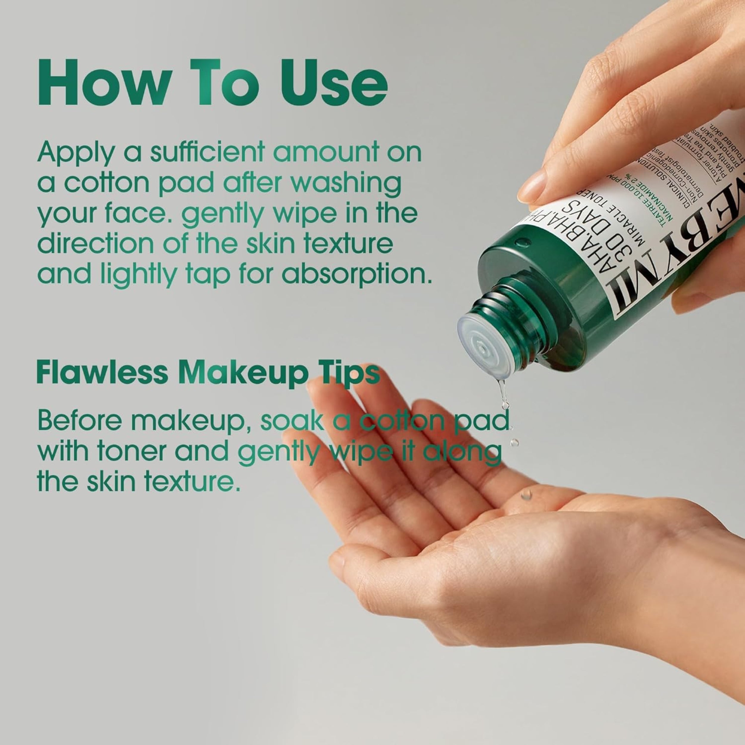 Hand holding a bottle of MEIBYMI toner with text on how to use it.