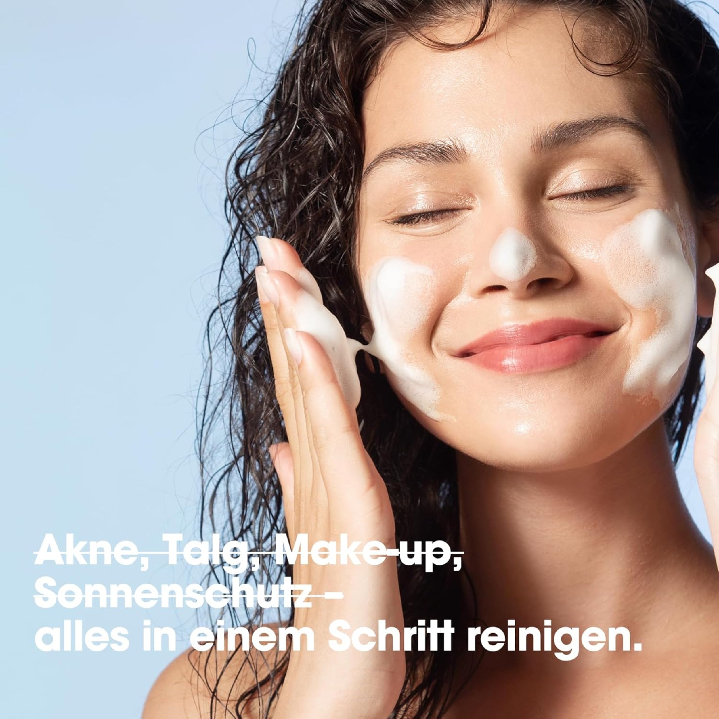 Woman applying a facial cleanser with a blue background and text about skincare products.