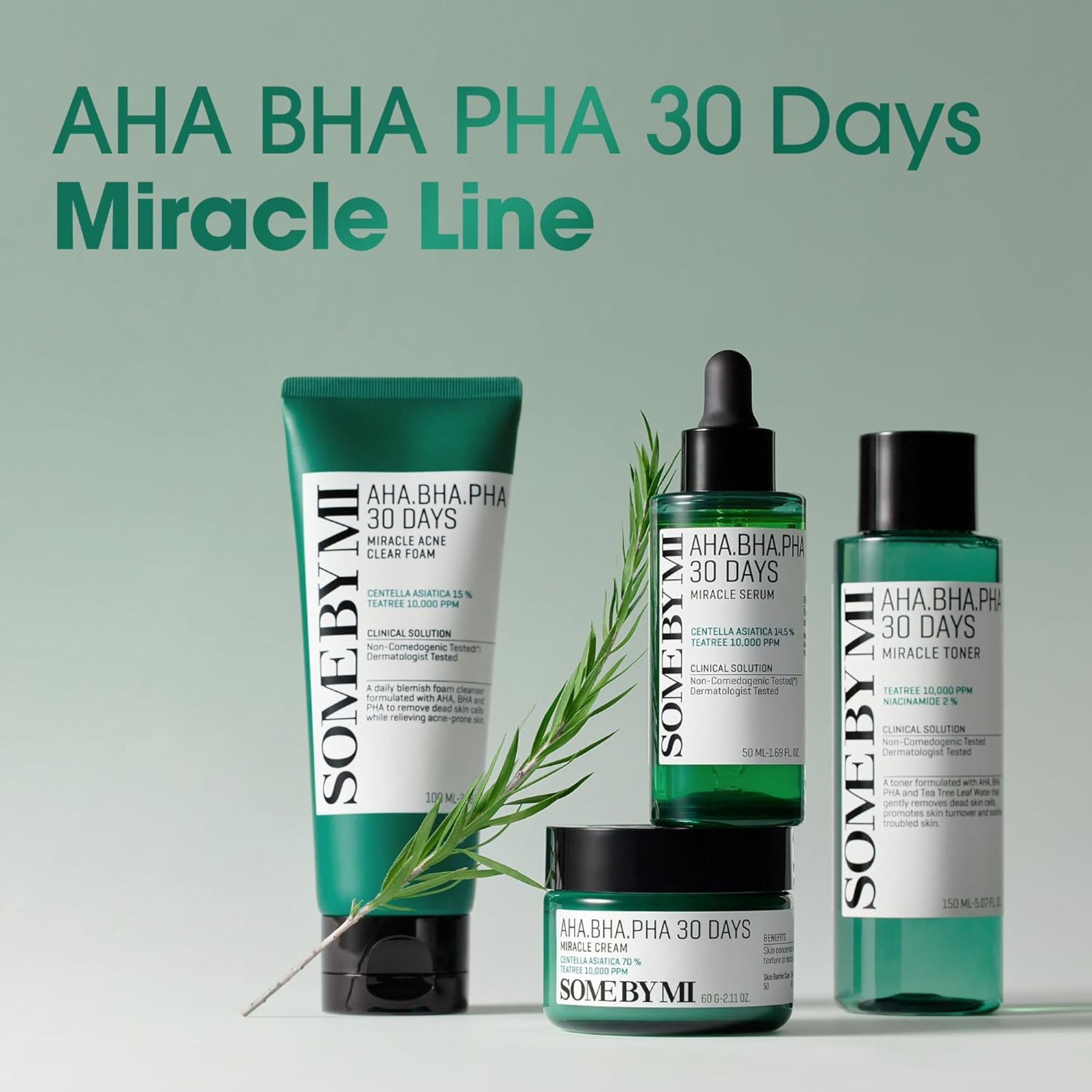Skincare products from the 'AHA BHA PHA 30 Days Miracle Line' by SOME BY MI on a light green background.