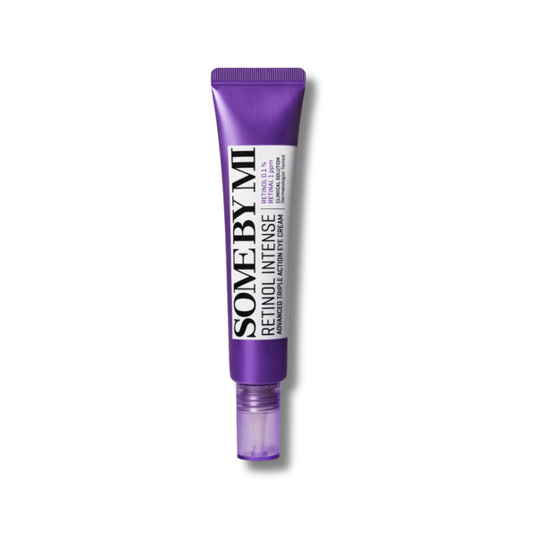 Purple skincare serum tube with white text on a white background