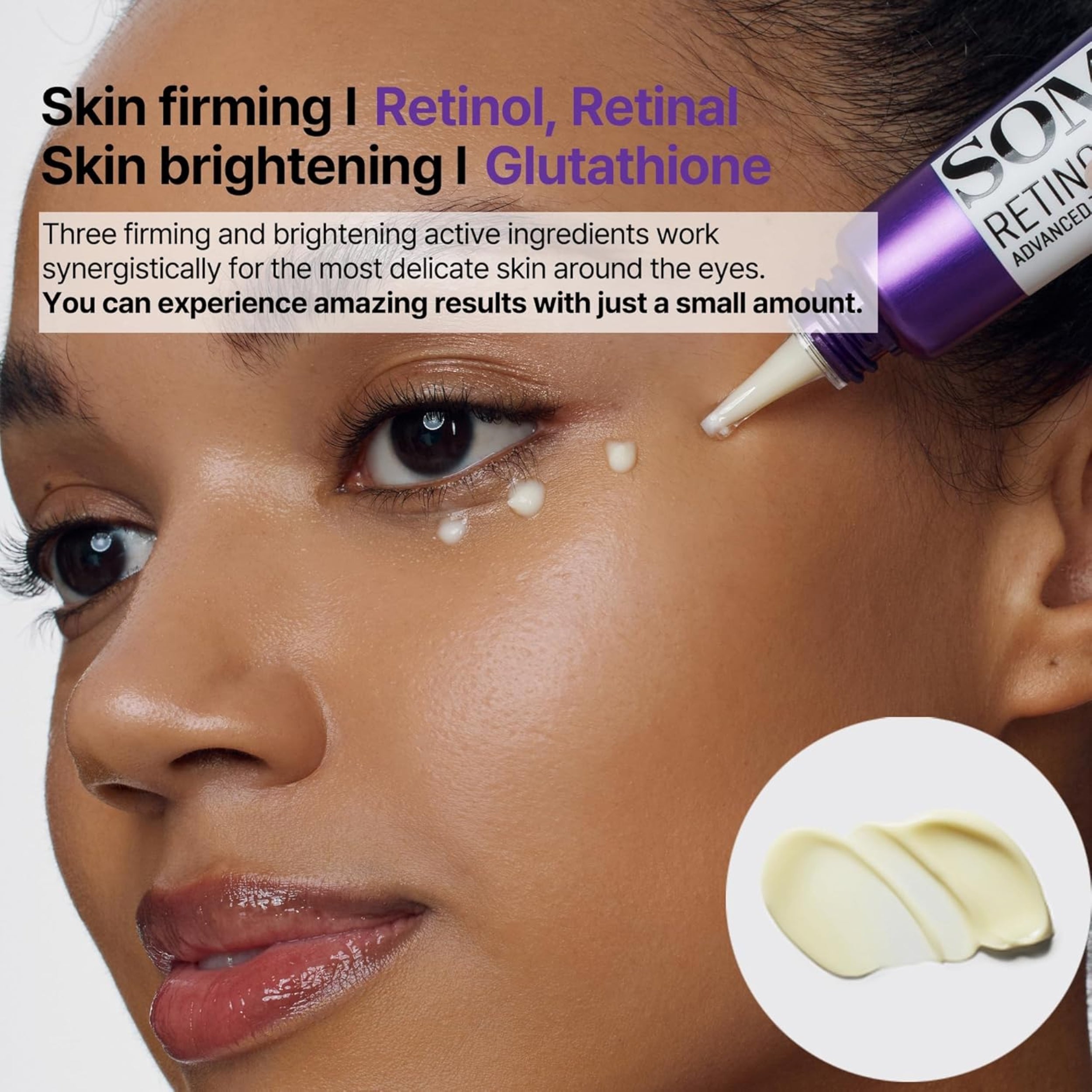 Woman applying skincare product around her eye with text about retinol, retinal, skin firming, and skin brightening.
