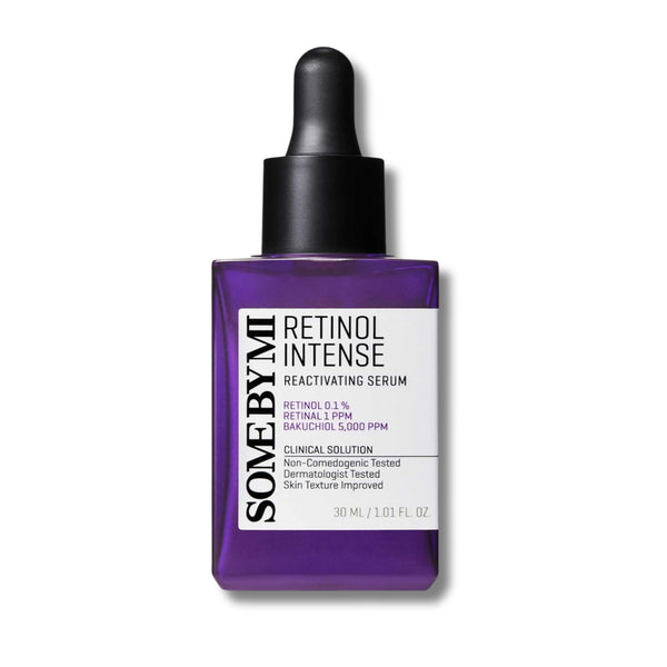 Purple serum bottle with dropper labeled 'SOME BY MI Retinol Intense Reactivating Serum' on a white background