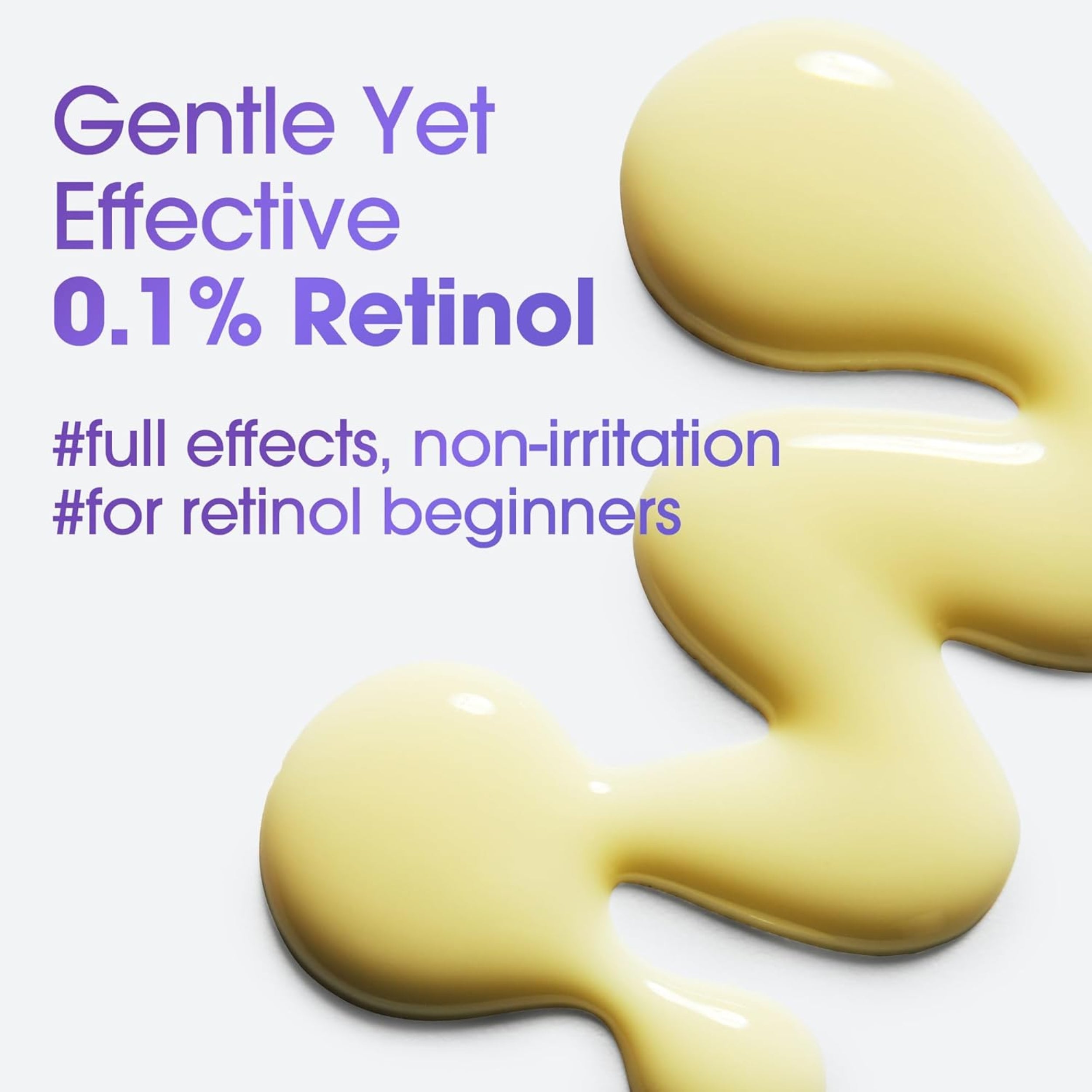 Yellow liquid with text about 0.1% Retinol on a white background