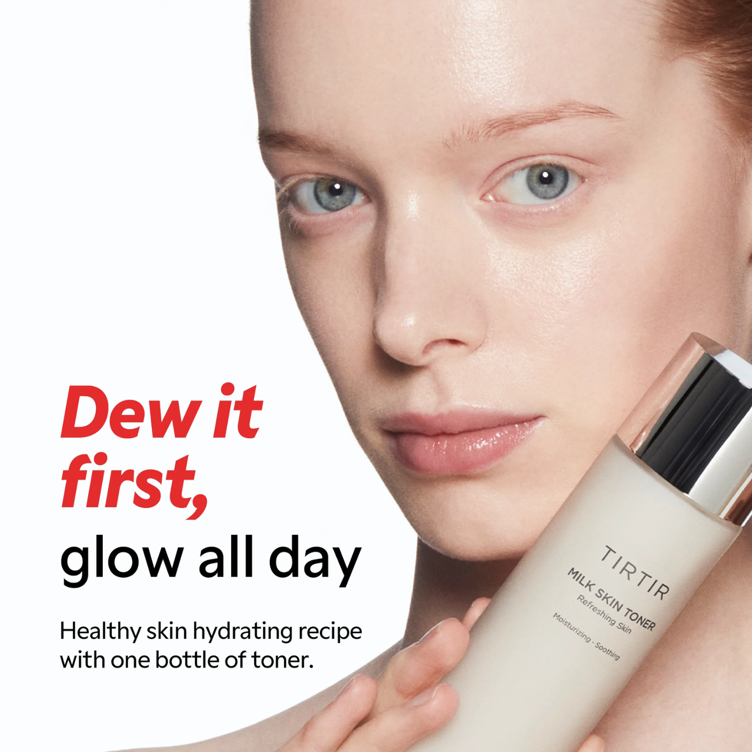 Advertisement for TIRTIR milk skin toner with a woman holding the product.