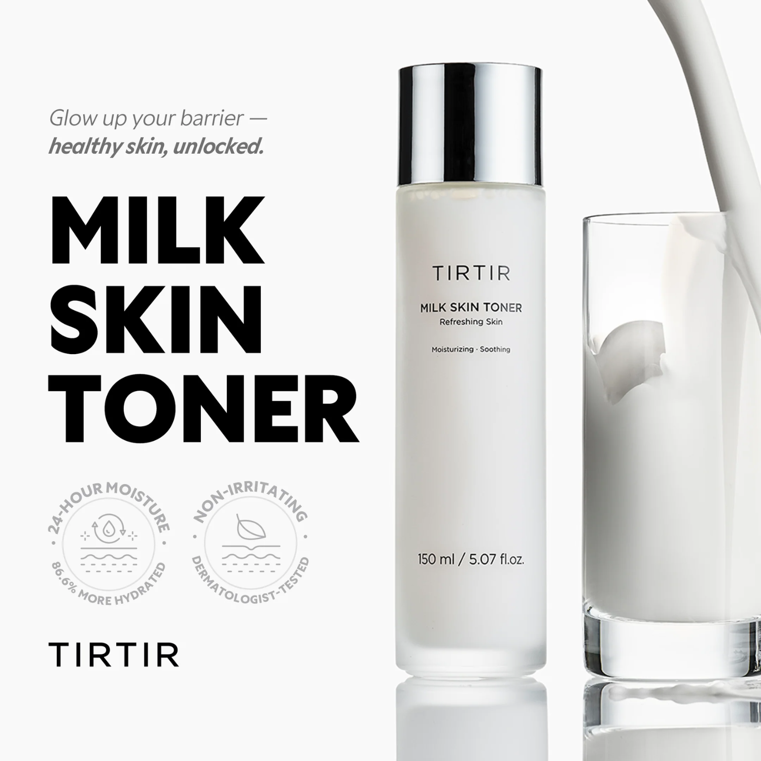 TIRTIR Milk Skin Toner bottle with a glass of toner on a white background
