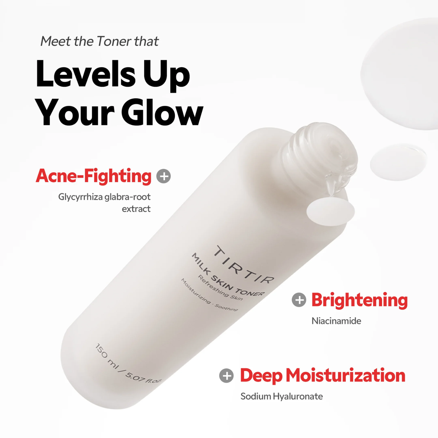 Toner bottle with text highlighting benefits on a white background