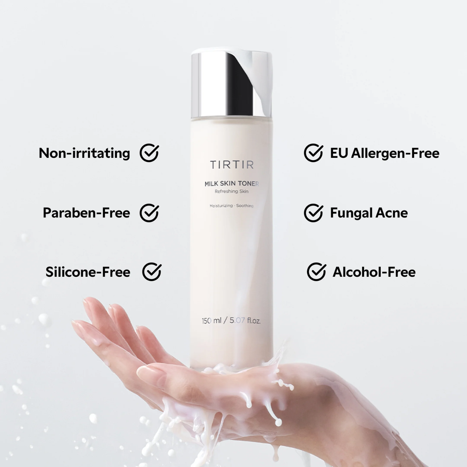 TIRTIR skincare product with hand holding the product and text highlighting features on a light gray background