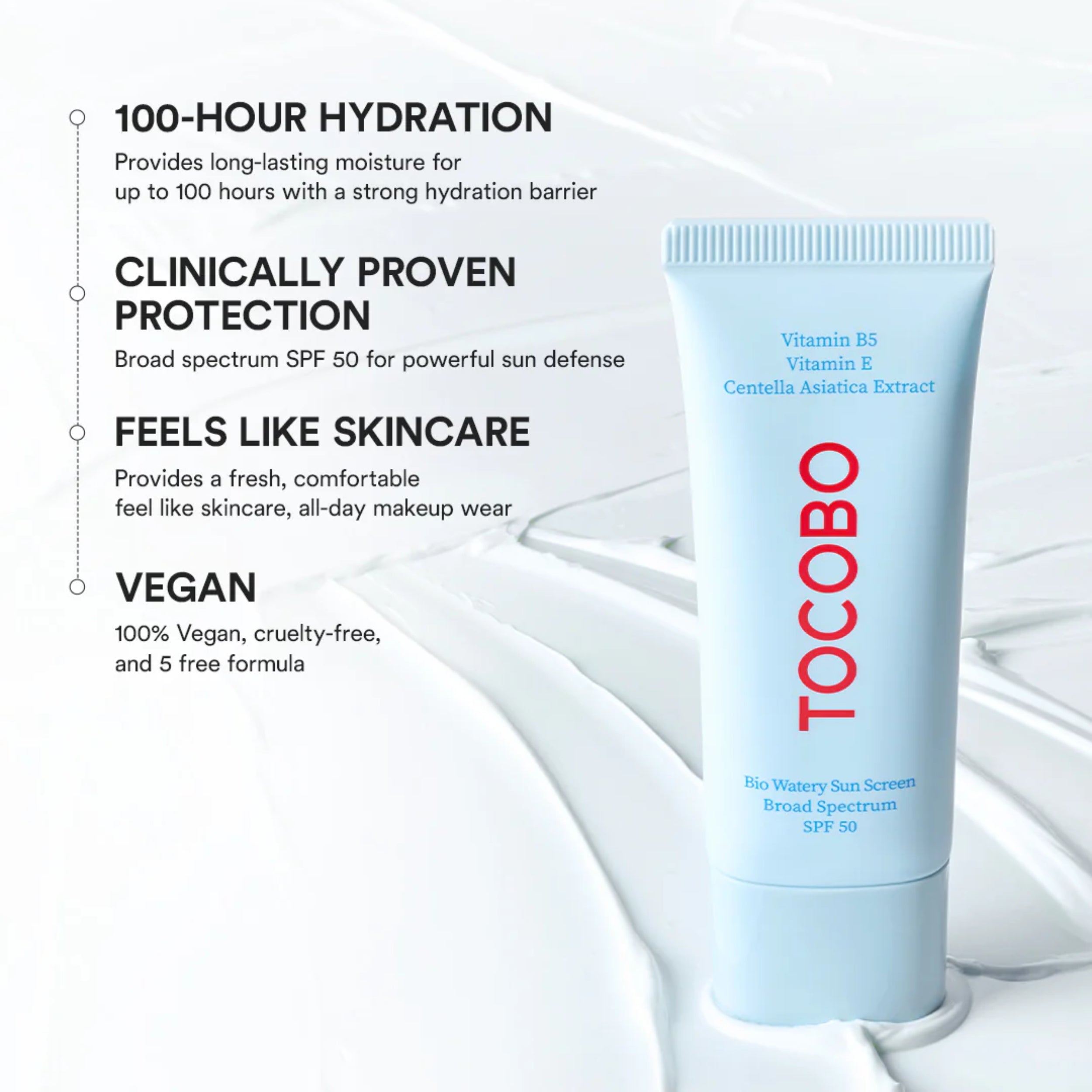 Tocobo sunscreen tube with product features on a white background