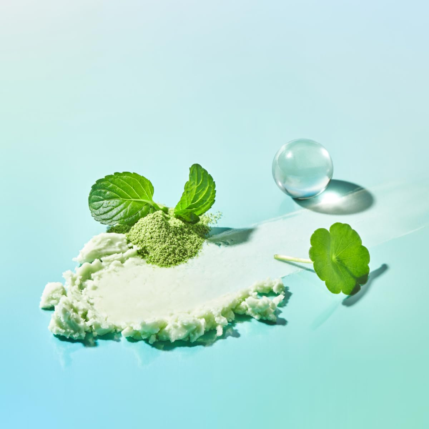 Green powder with leaves on a light blue background