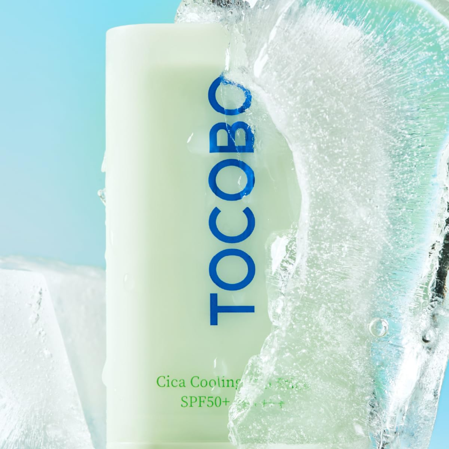Tocobo sunscreen bottle with blue text on a light blue background