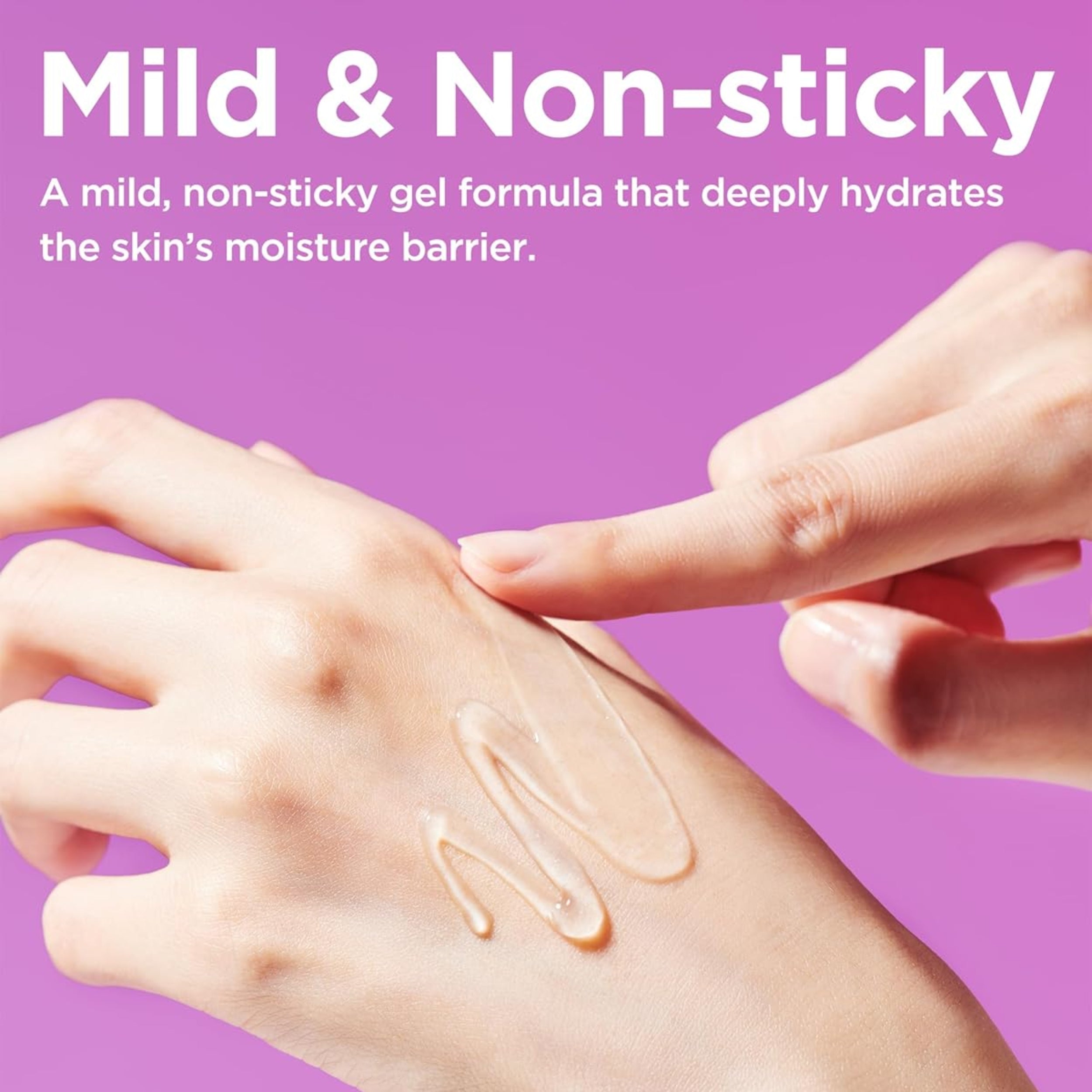 Hands applying a mild, non-sticky gel formula on a purple background