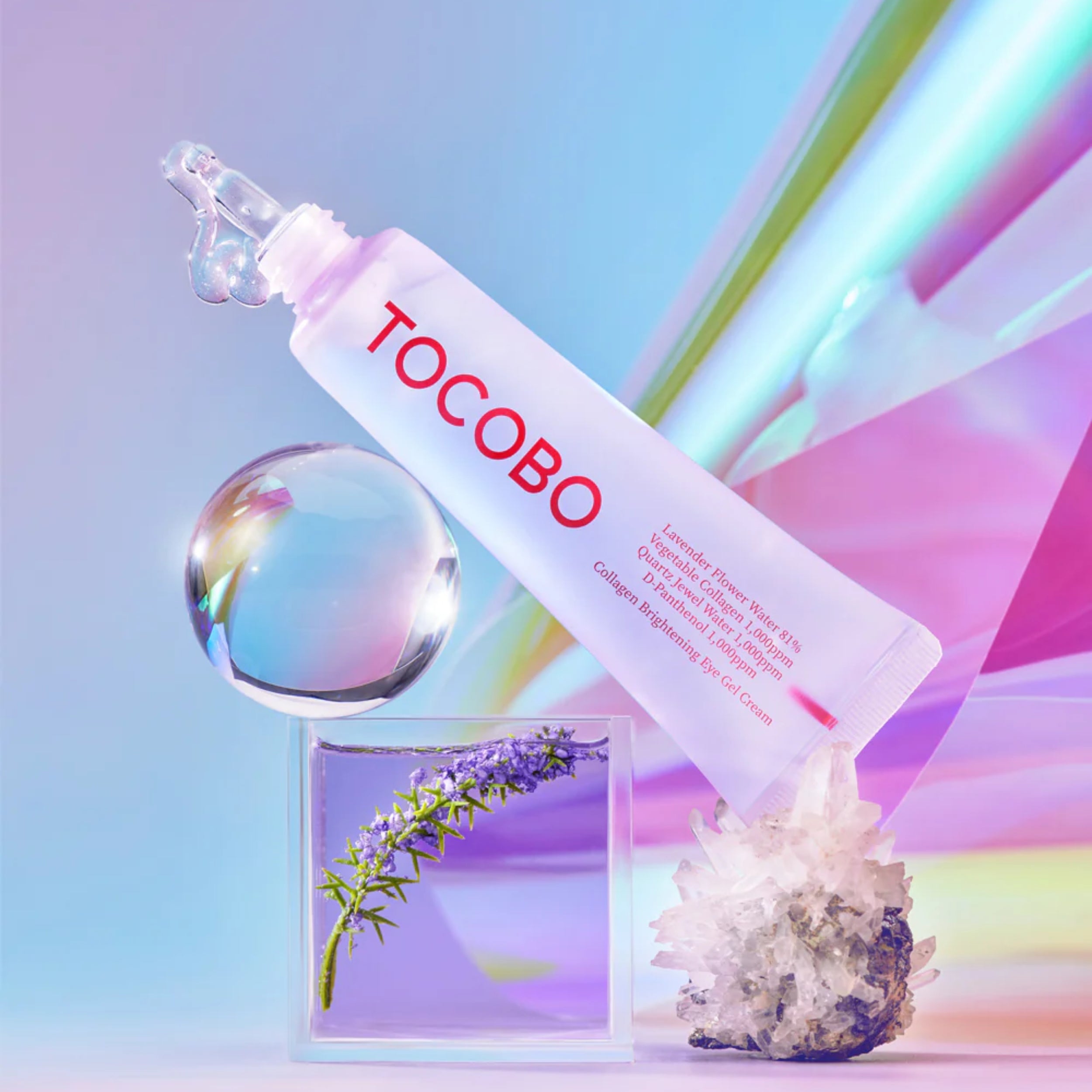 Tocobo skincare product with a colorful abstract background