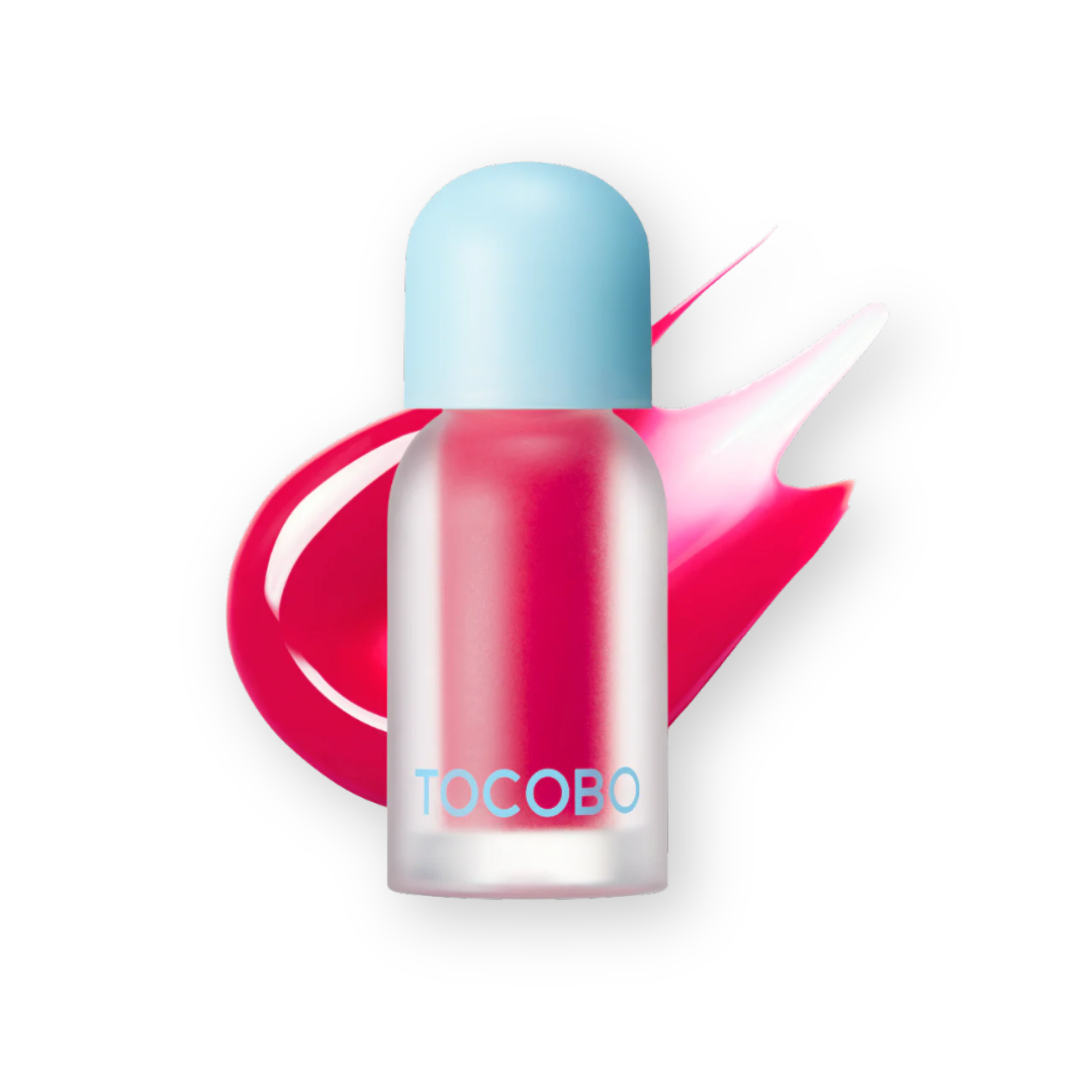 A clear cylindrical cosmetic bottle filled with bright pink product, topped with a light blue cap, shown on a white background with a pink and white swipe graphic behind it. The brand name TOCOBO is printed in blue on the bottle.