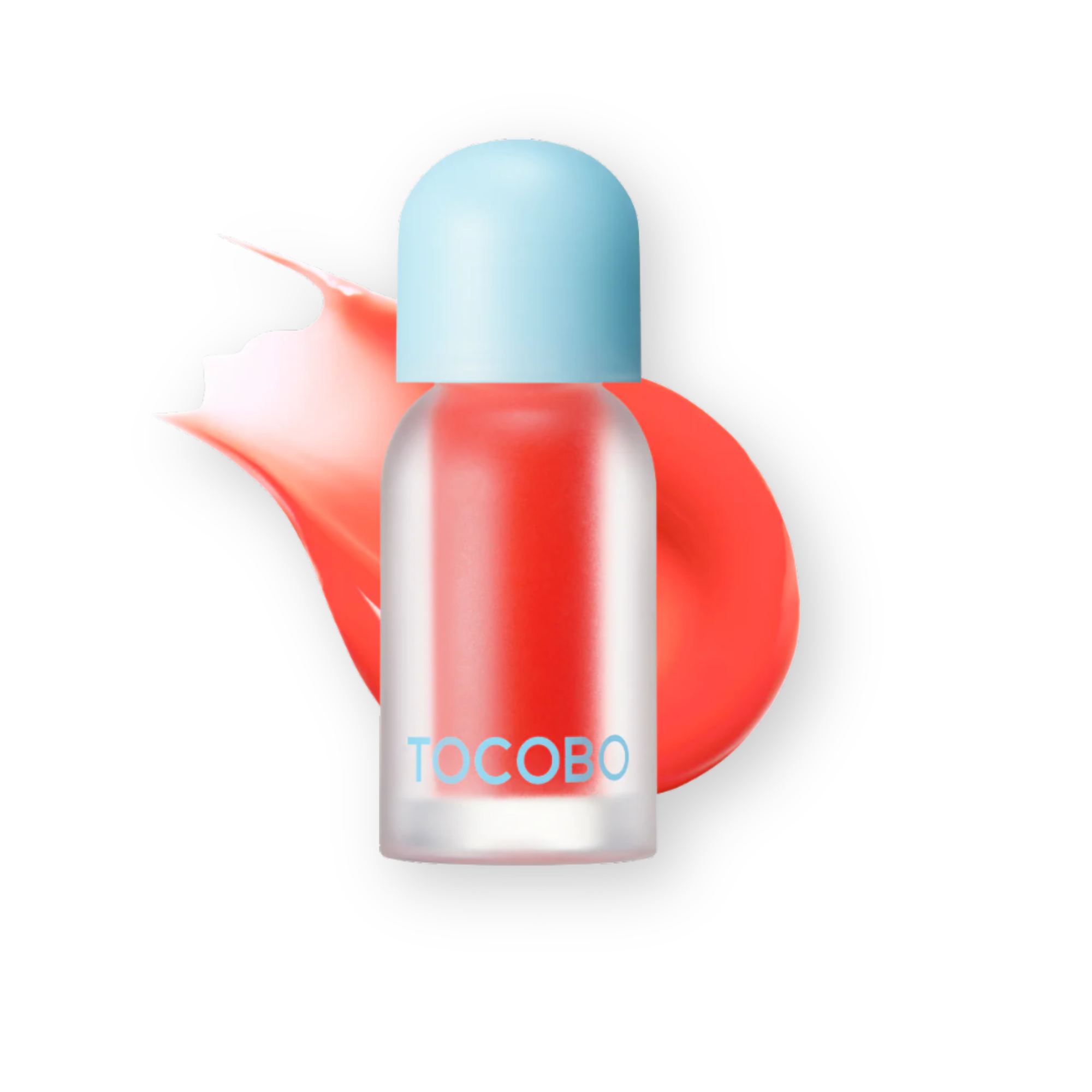 A clear cylindrical cosmetic bottle with a light blue cap, filled with bright coral-red product, shown on a white background with a matching coral-red smear behind it. The brand name 'TOCOBO' is printed in light blue on the bottle.