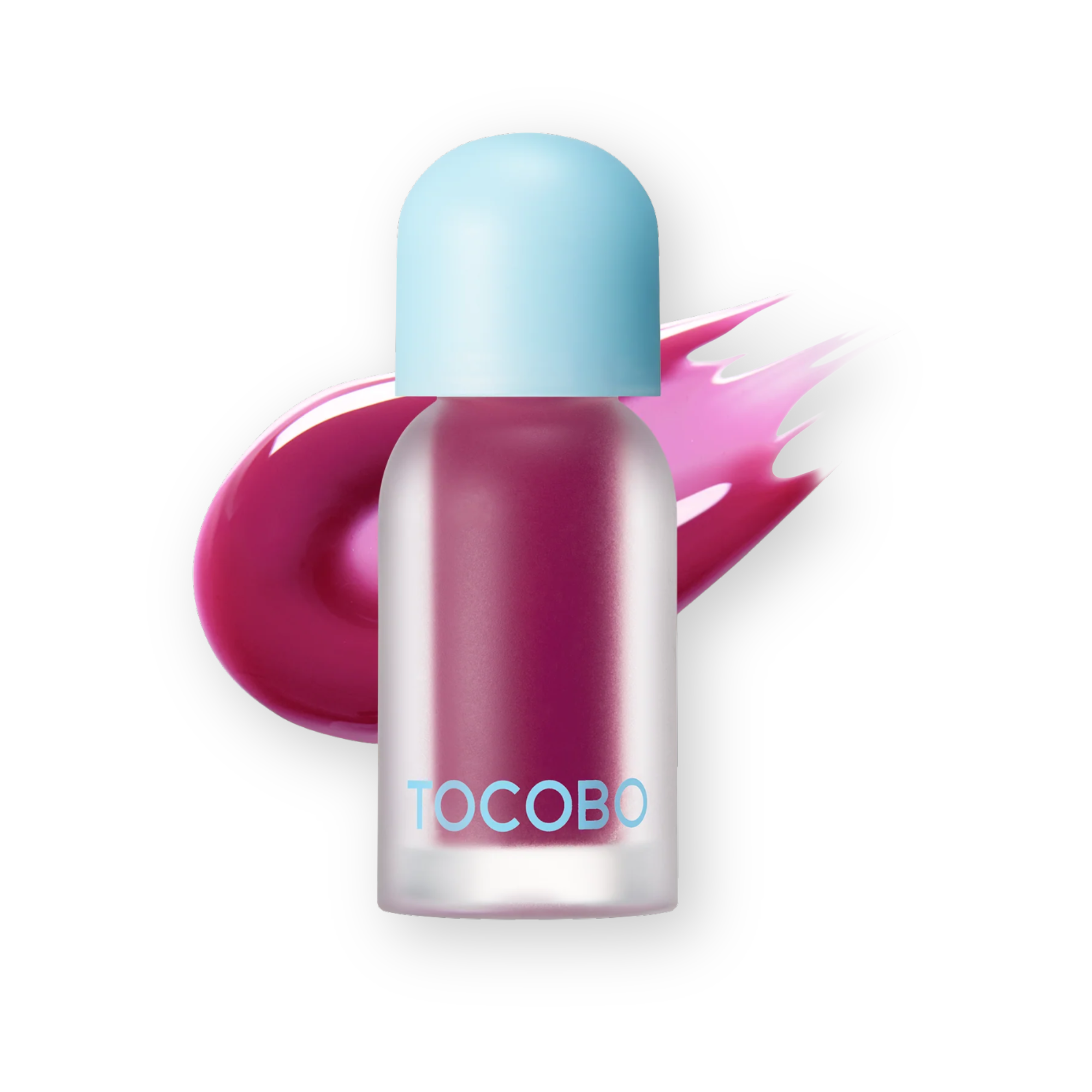 A clear bottle of TocoBo lip gloss with a light blue cap, filled with a deep berry pink gloss, shown against a white background with a matching pink gloss smear behind it.