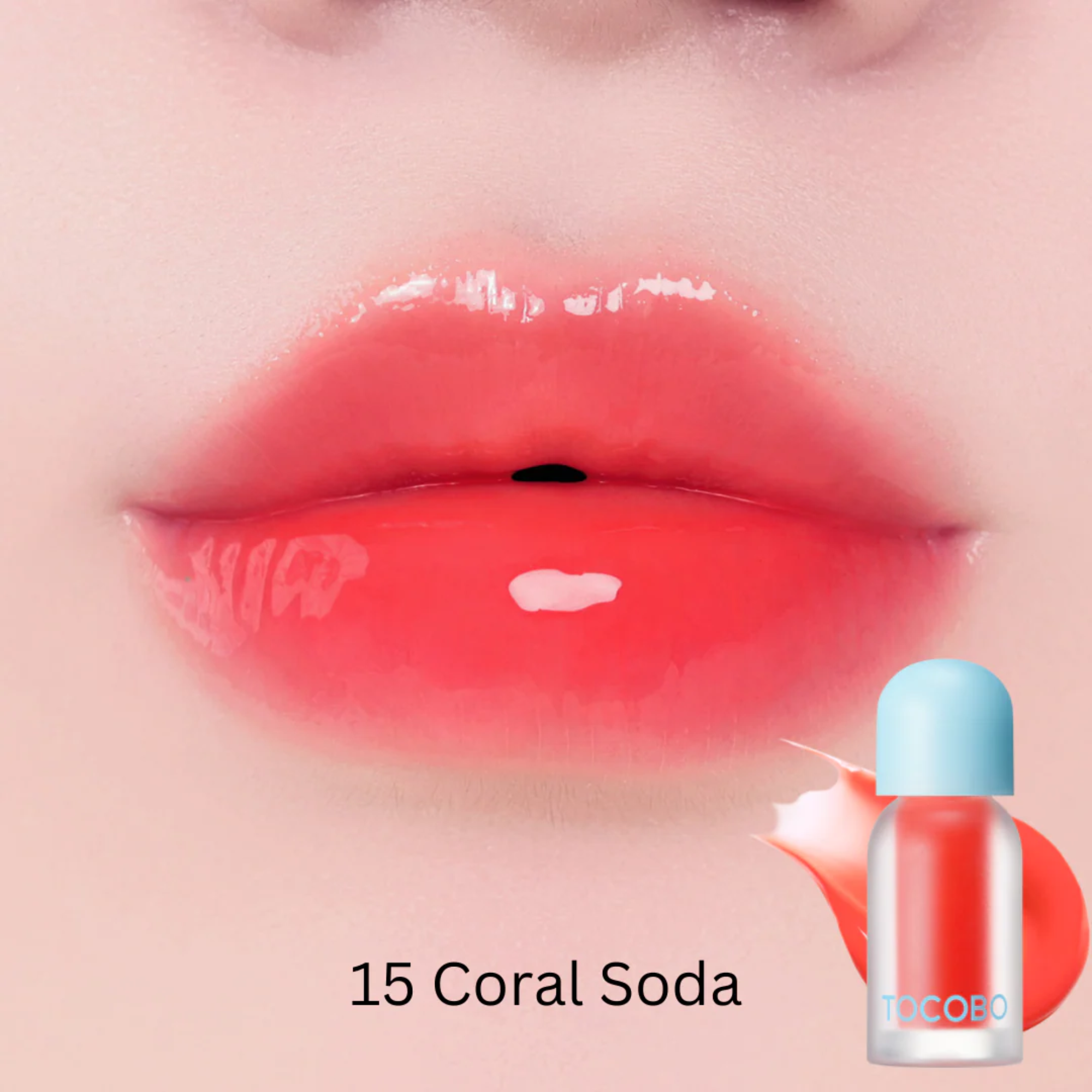 Lip with coral-colored lip gloss and TECOGO lip gloss bottle on a light pink background
