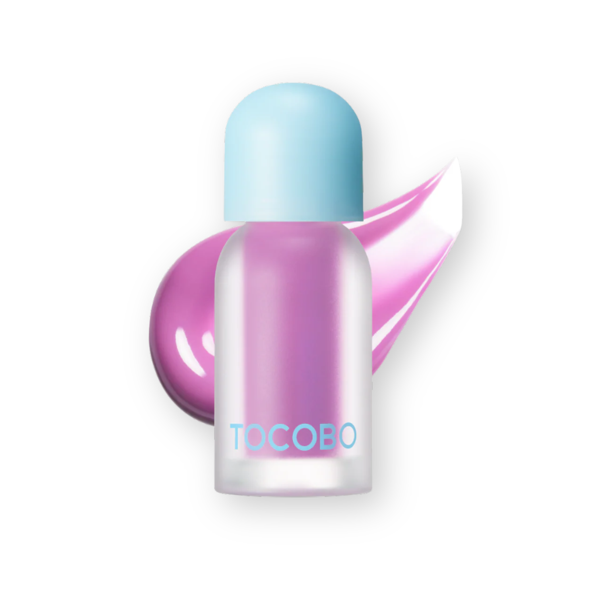 A clear cylindrical bottle with a light blue cap, filled with iridescent pink liquid, shown on a white background with a glossy pink product smear behind it. The brand name 'TOCOBO' is printed in light blue on the bottle.