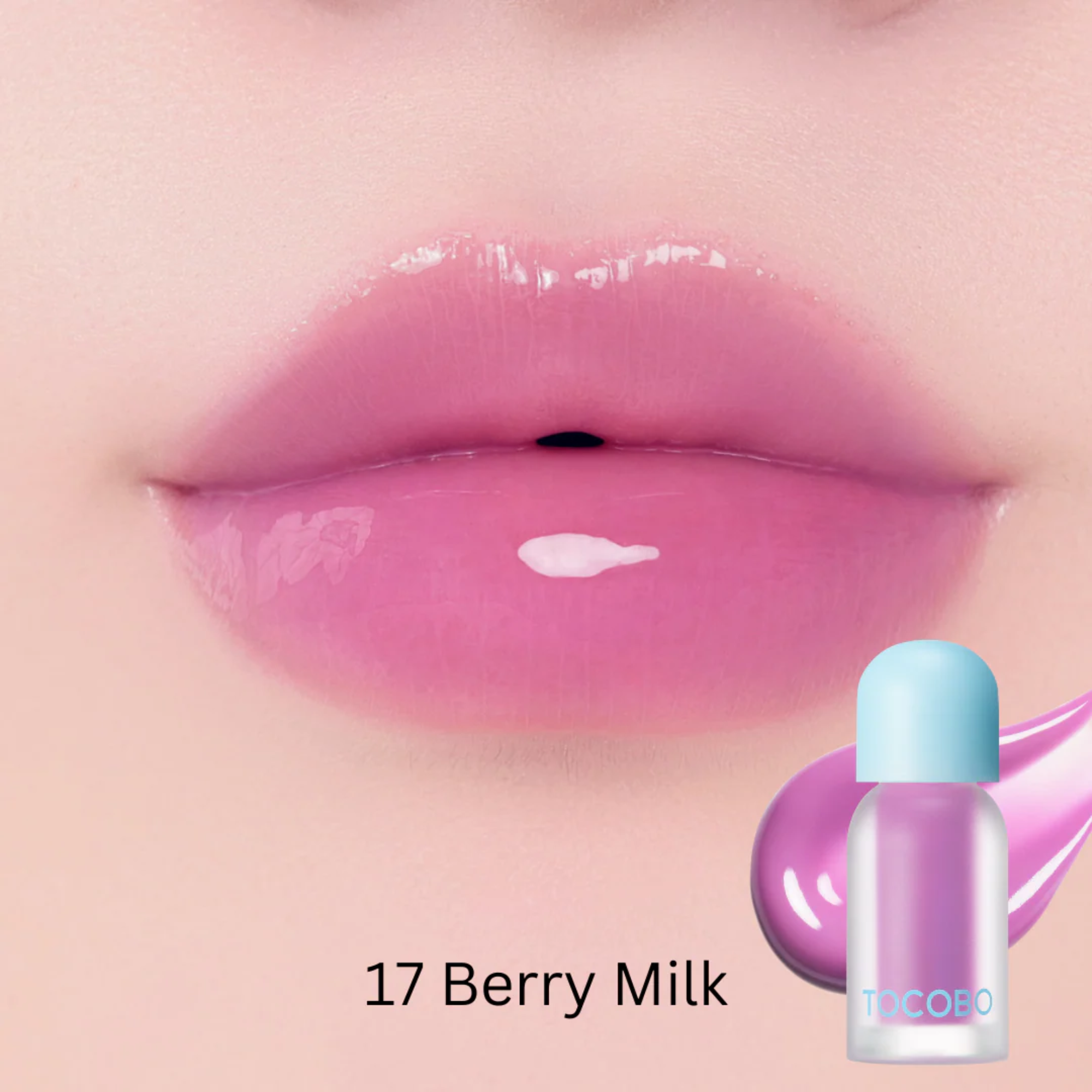 Lip with pink gloss and Tocoto lip balm labeled '17 Berry Milk' on a beige background