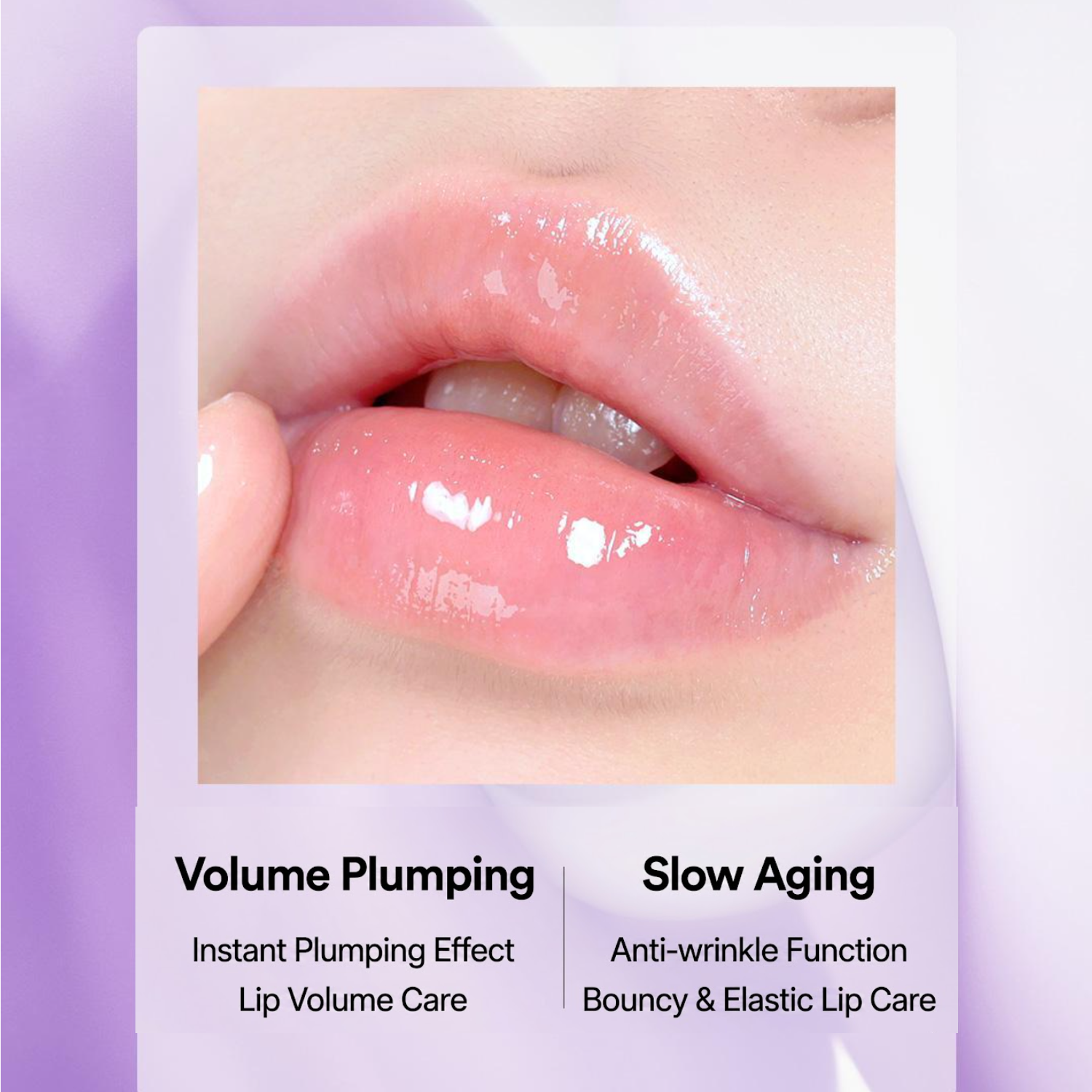 Lips with a product application, labeled 'Volume Plumping' and 'Slow Aging'.