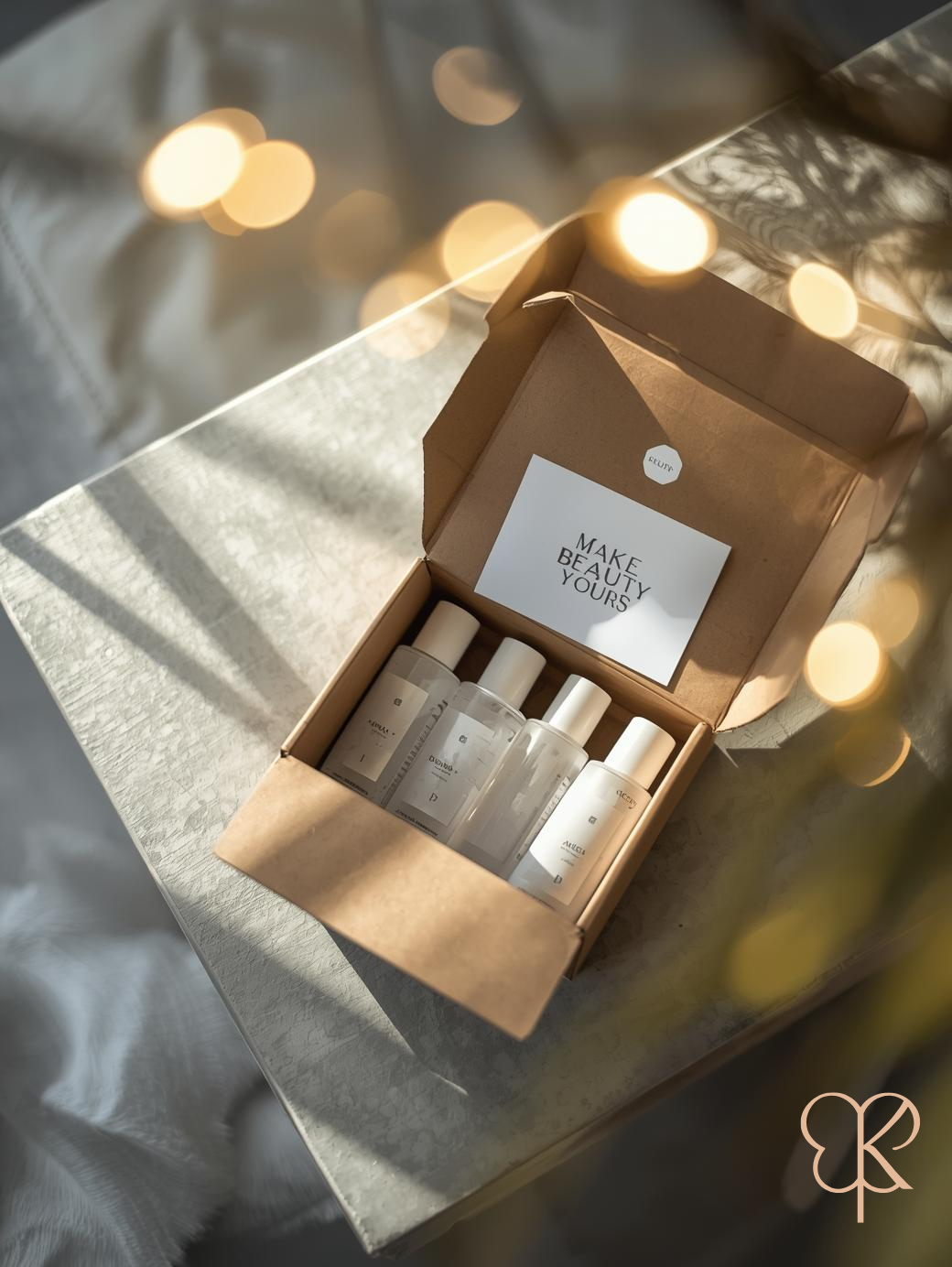 Open box containing skincare products with a blurred background