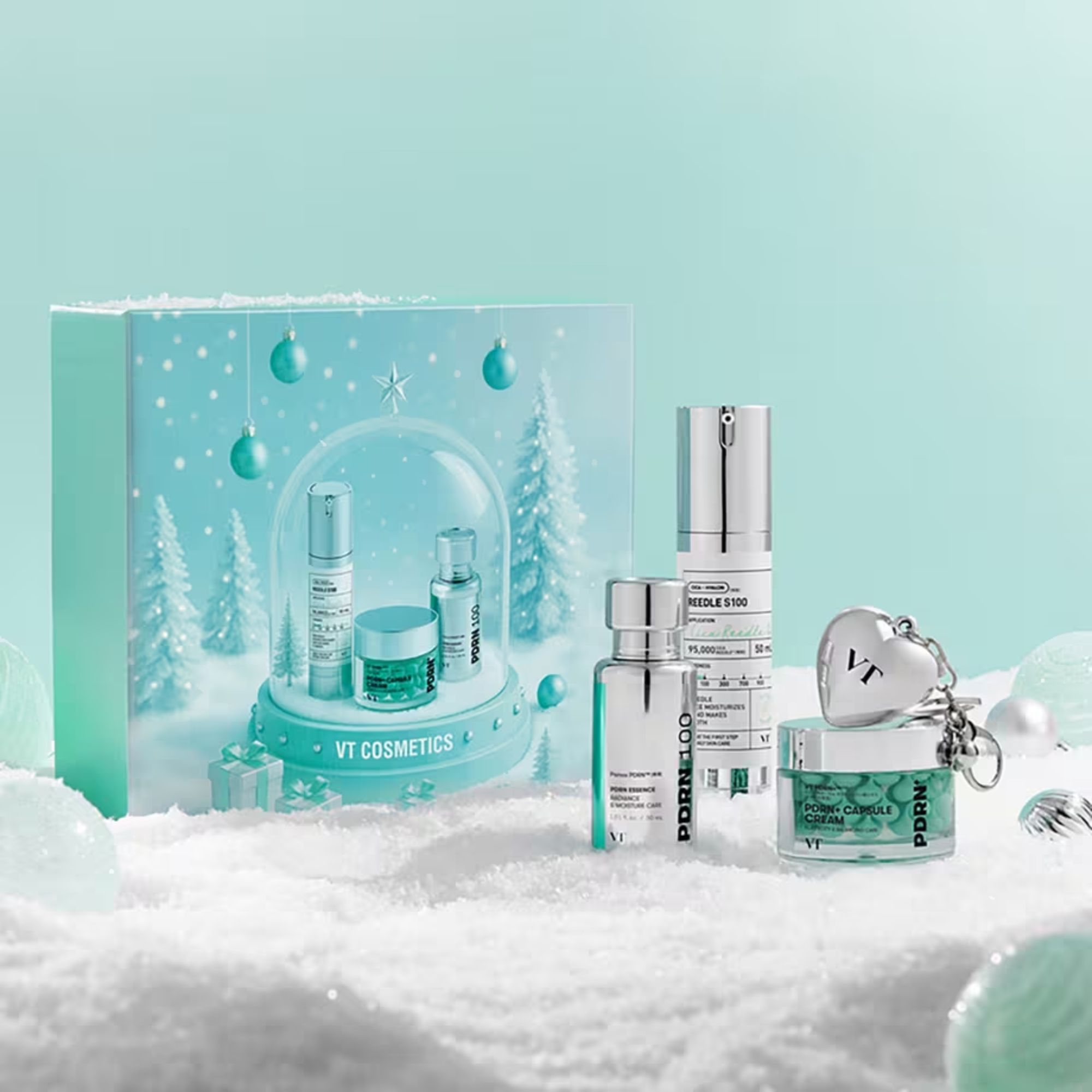 VT Cosmetics skincare products with a decorative box on a snowy background