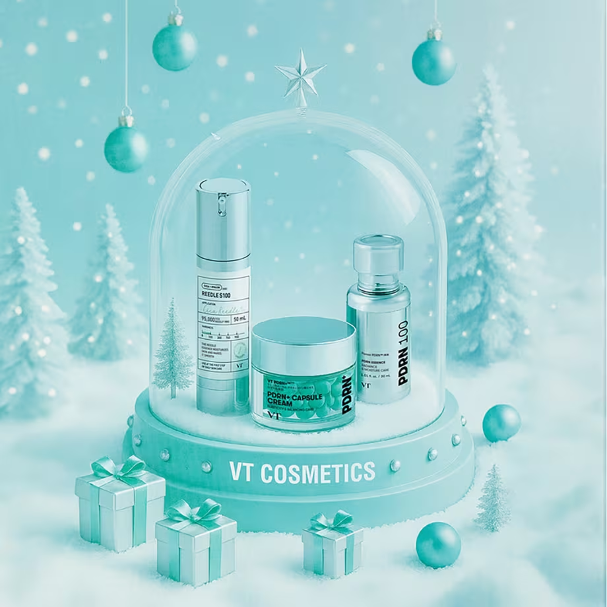 VT Cosmetics skincare products under a glass dome with a festive background