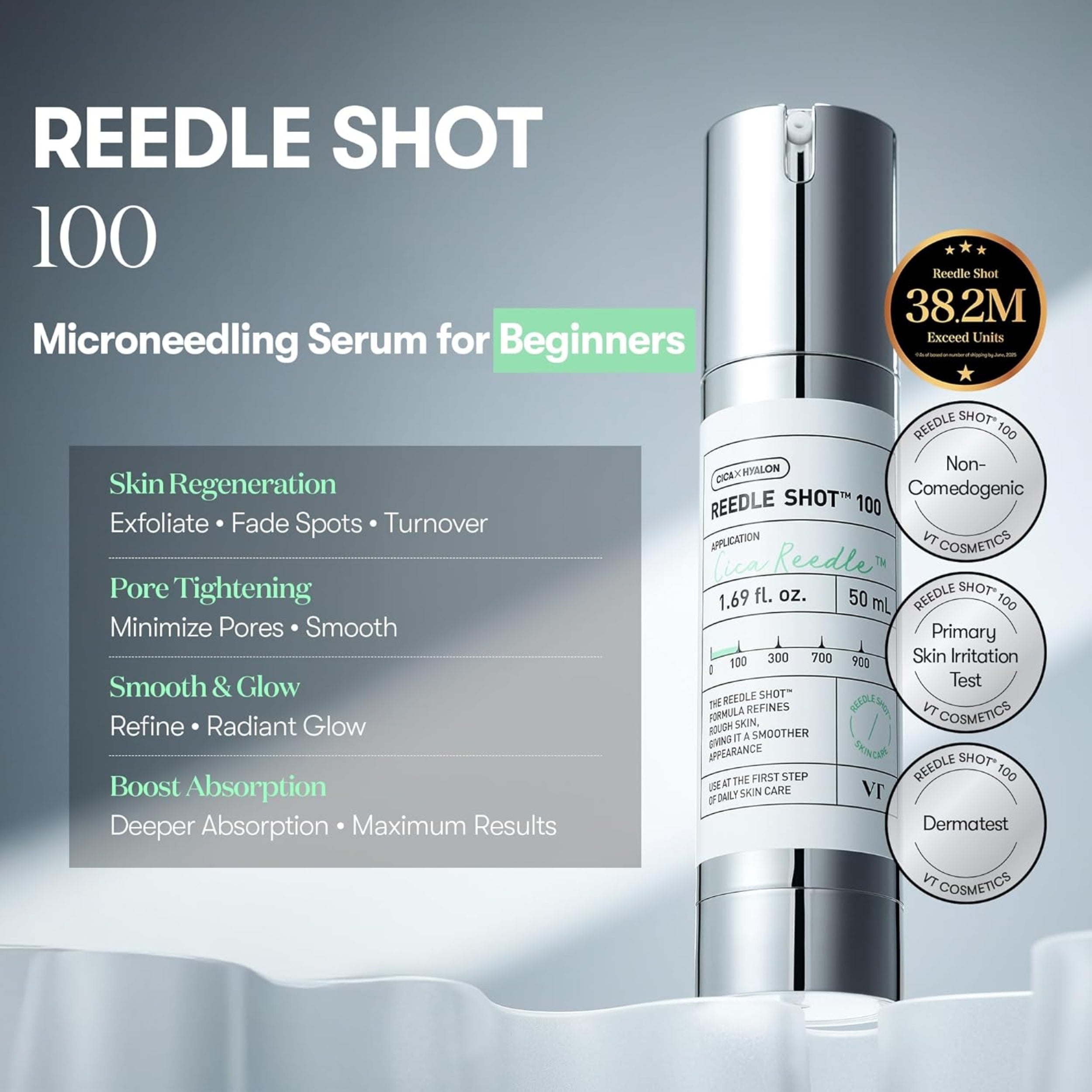 REEDLE SHOT 100 microneedling serum for beginners with product details on a gray background