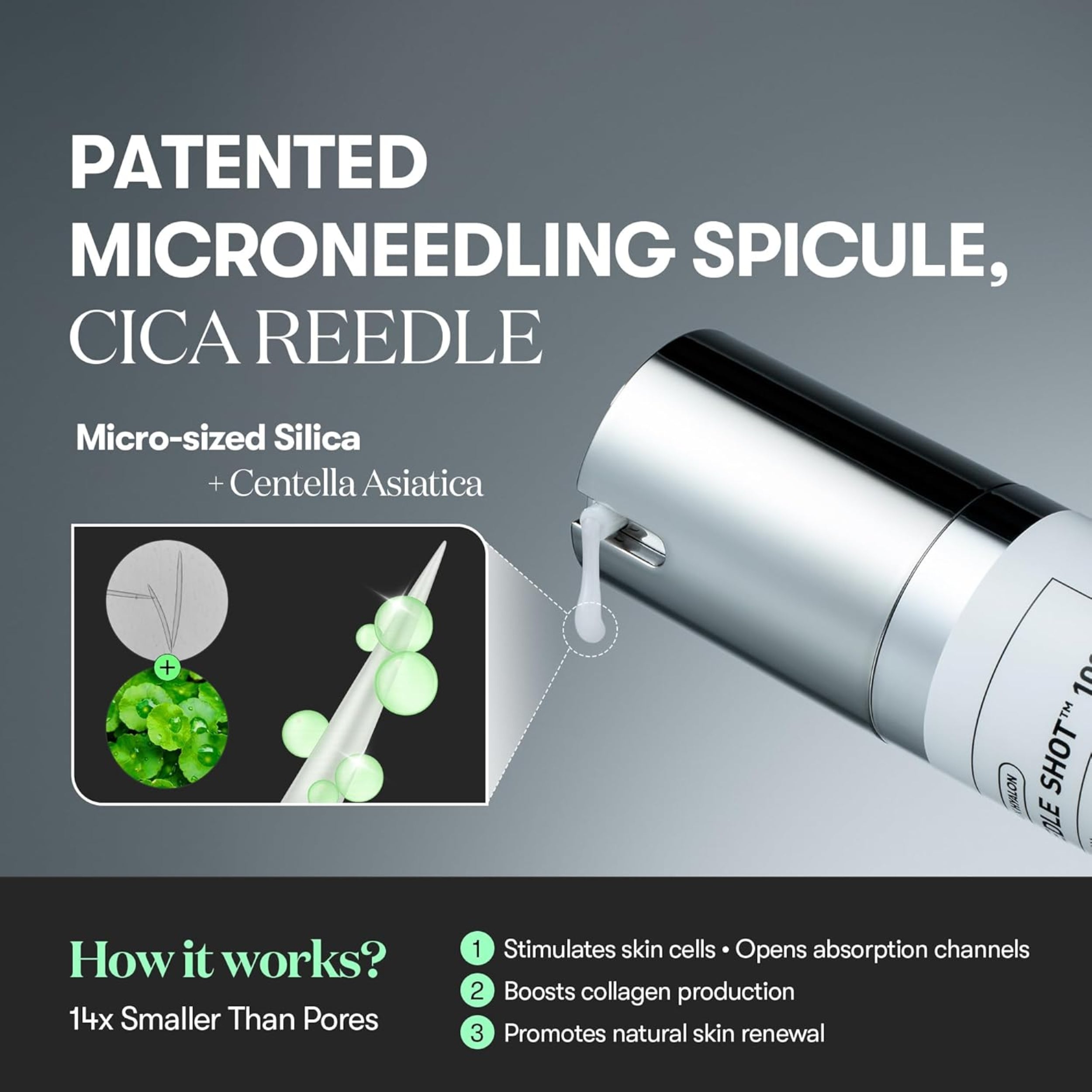 CICA REEDLE microneedling tool with product details and benefits on a gray background