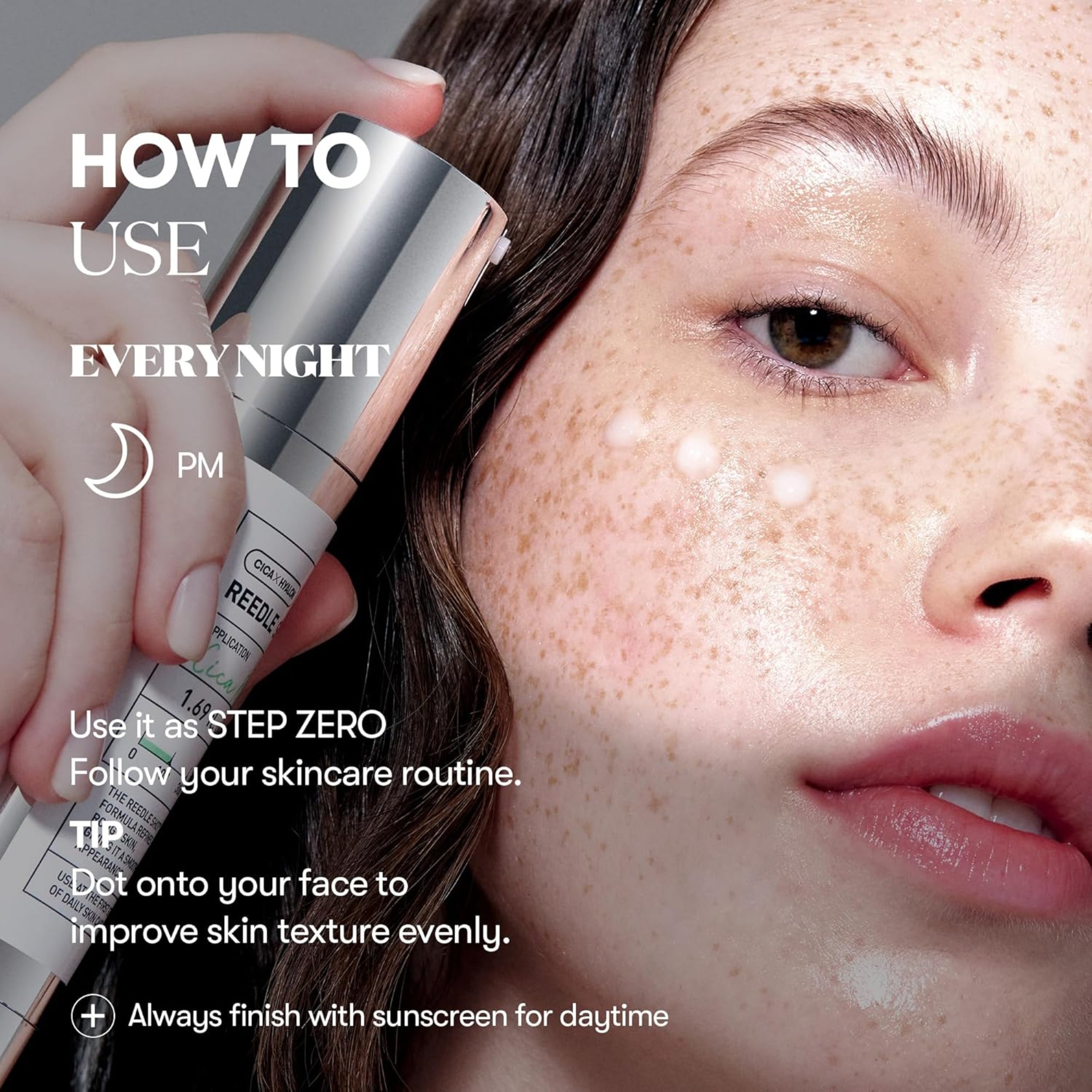 Skincare product being applied to a person's face with text on how to use it nightly.