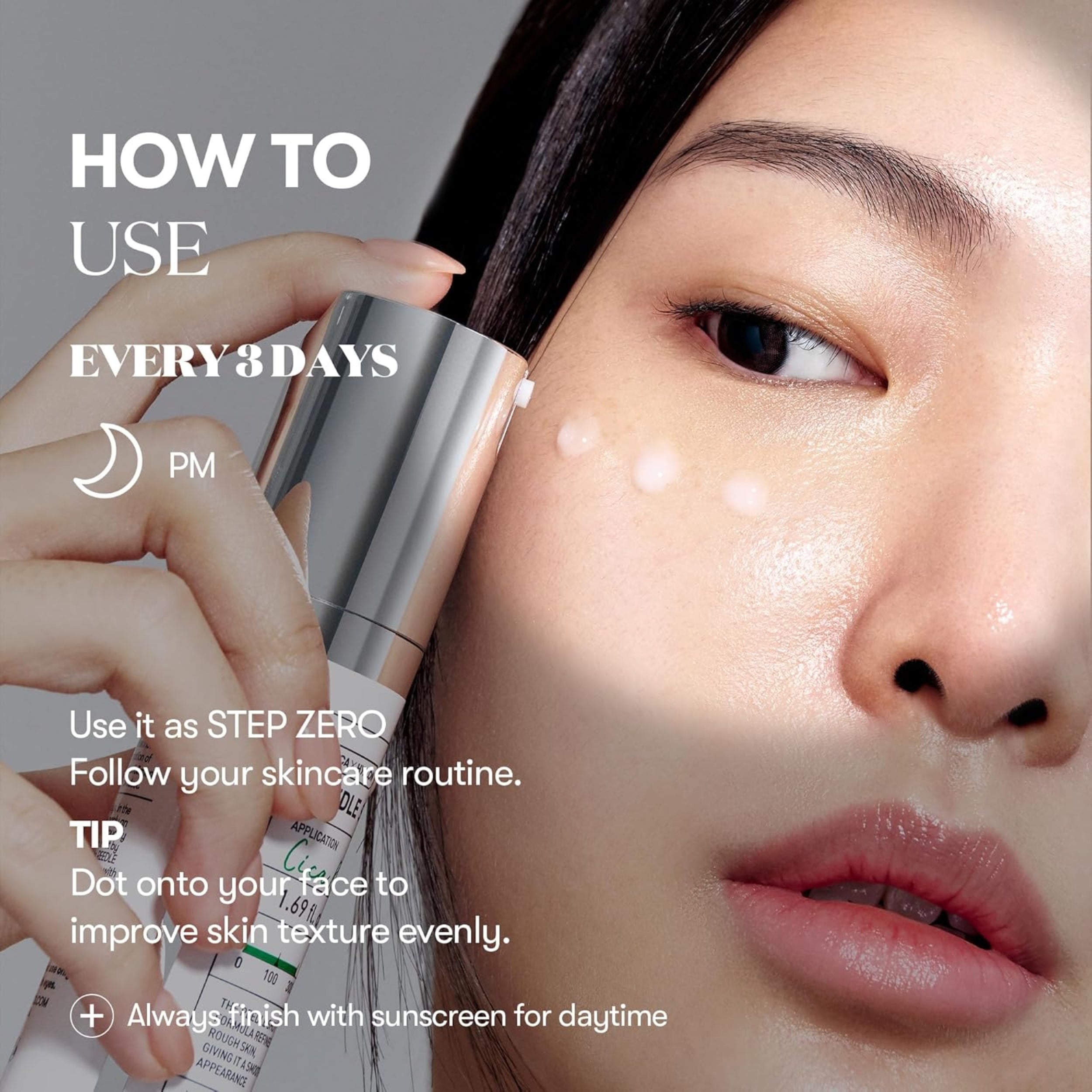 Cosmetic product being applied to a person's face with text on how to use it.