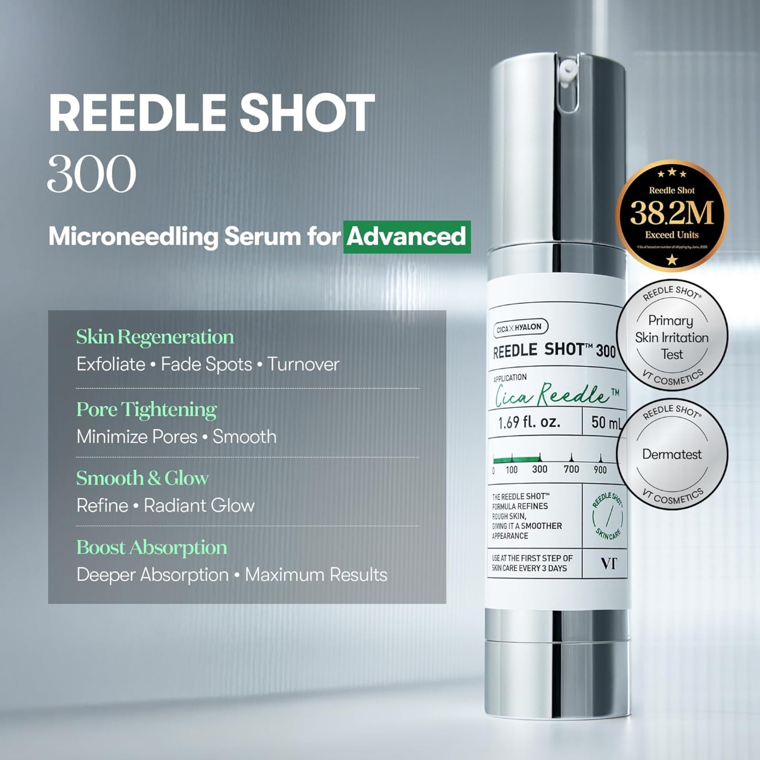 REEDLE SHOT 300 microneedling serum with product details on a gray background
