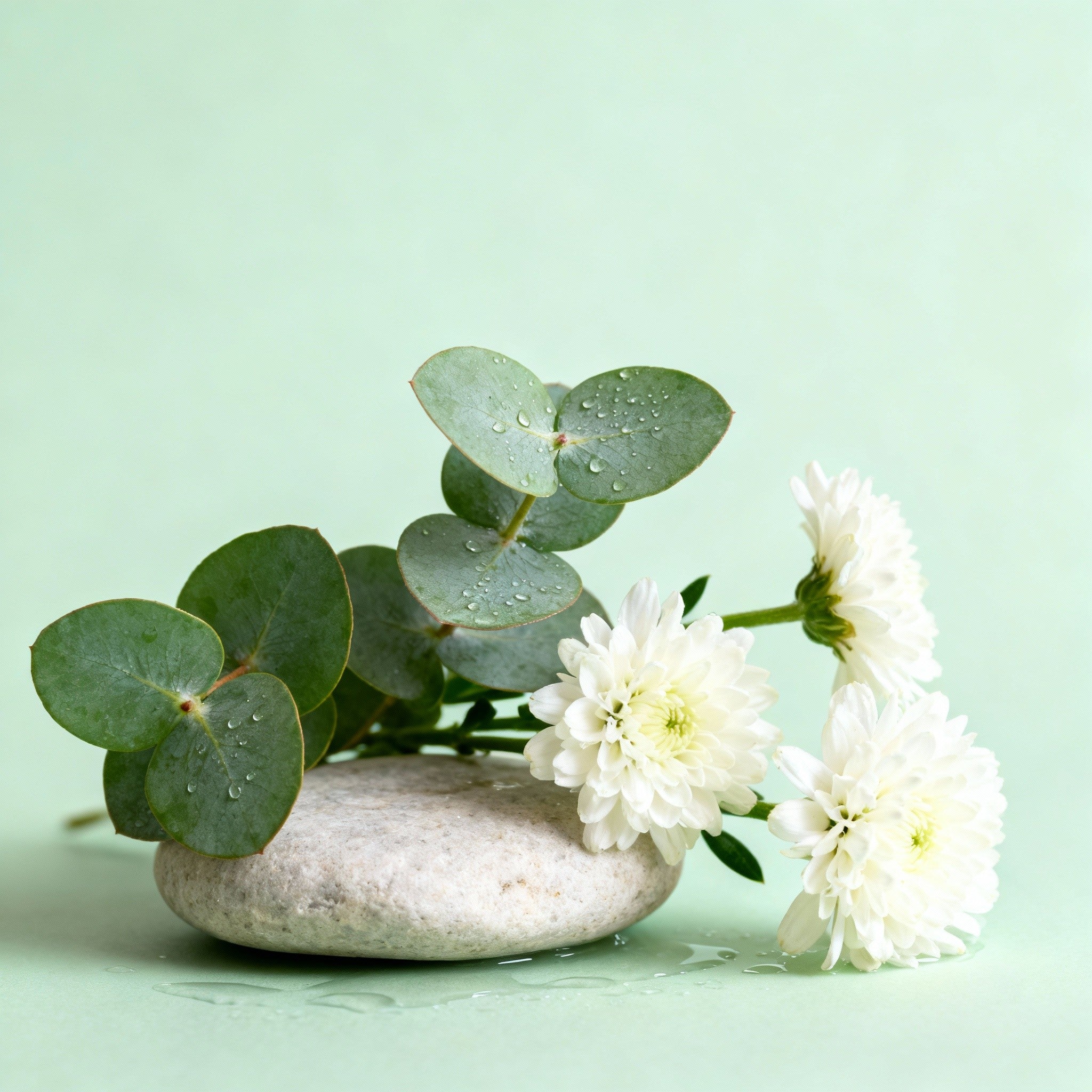 White flowers and green leaves on a stone with a light green background