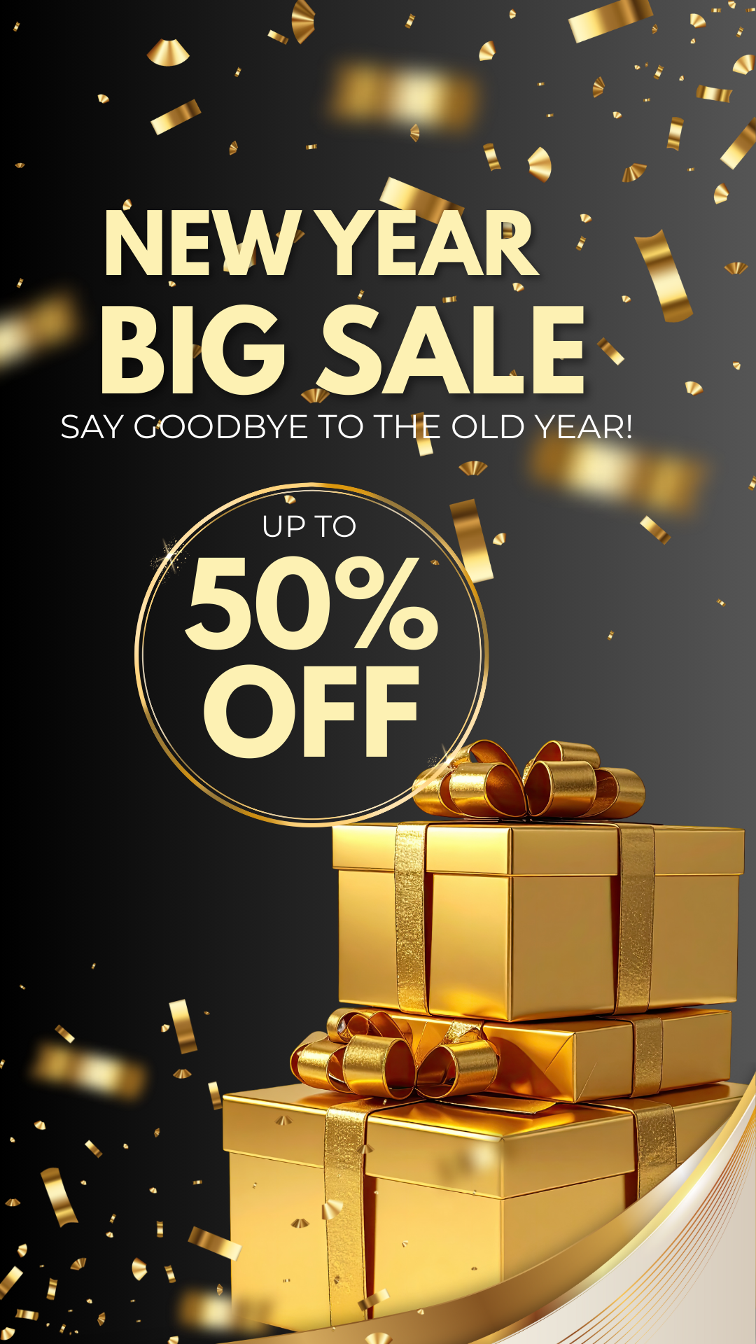 Promotional graphic for a New Year Big Sale with gold gift boxes and confetti on a dark background.