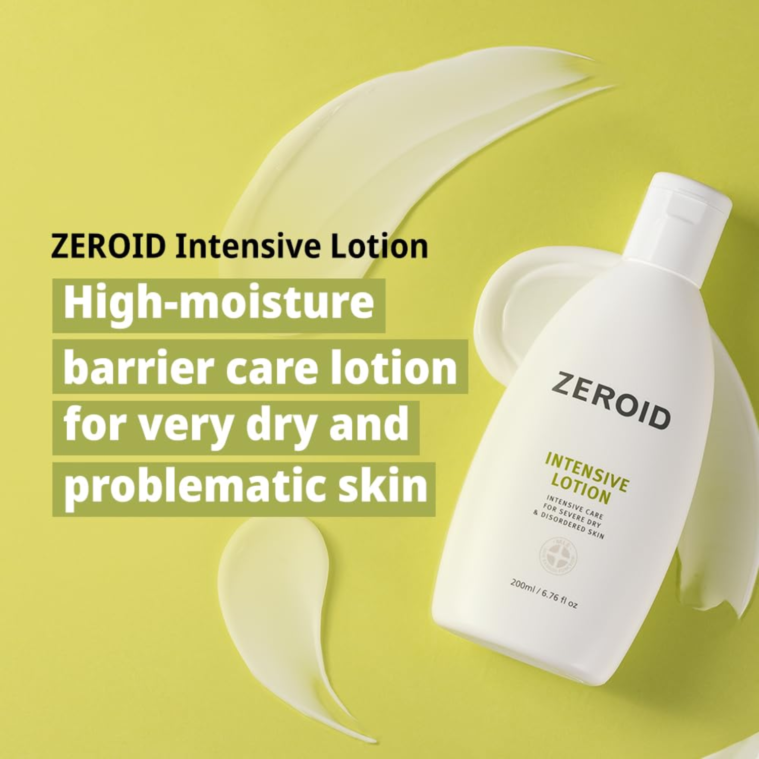 ZEROID Intensive Lotion bottle with lotion smear on a yellow background