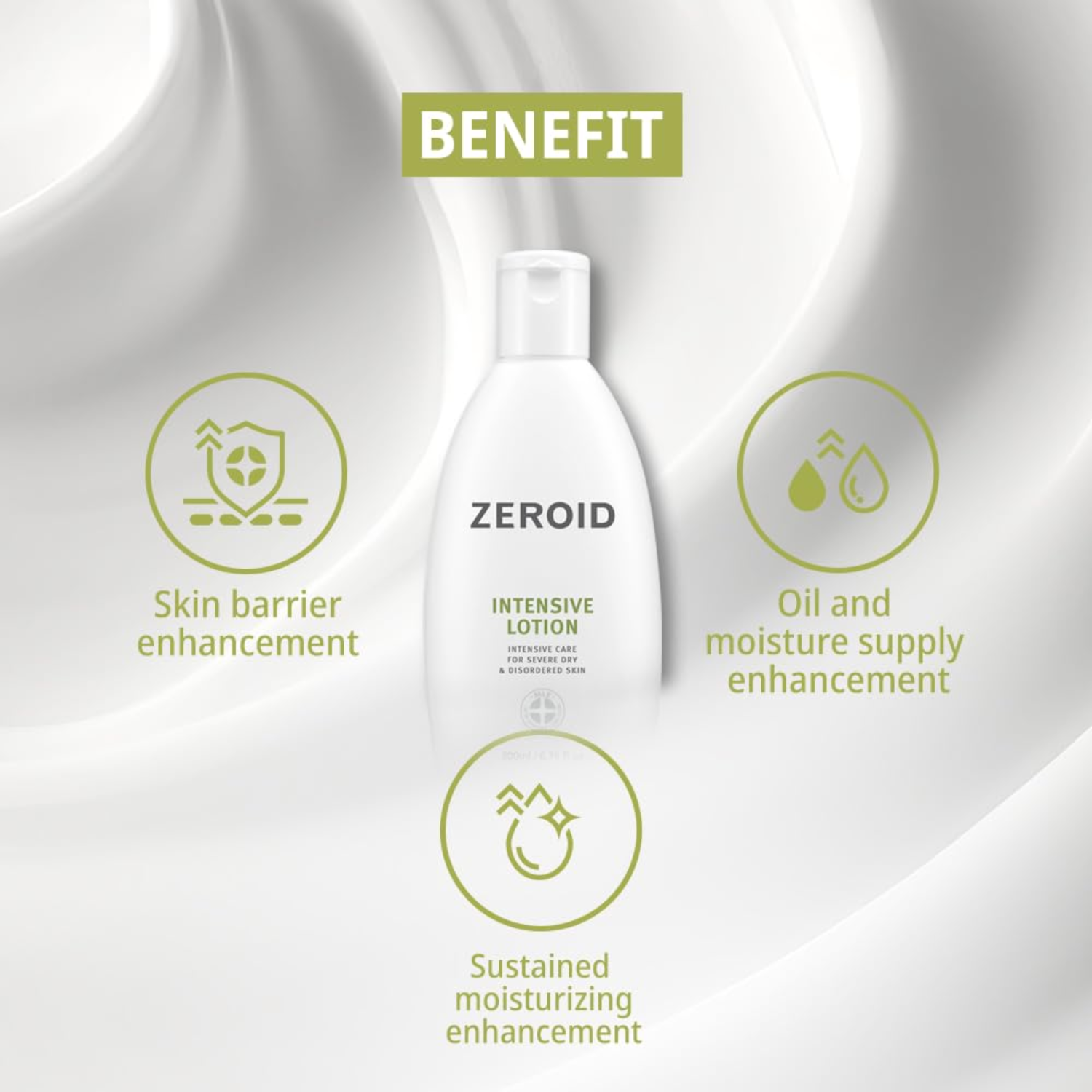 Zeroid intensive lotion bottle with benefits listed on a white background