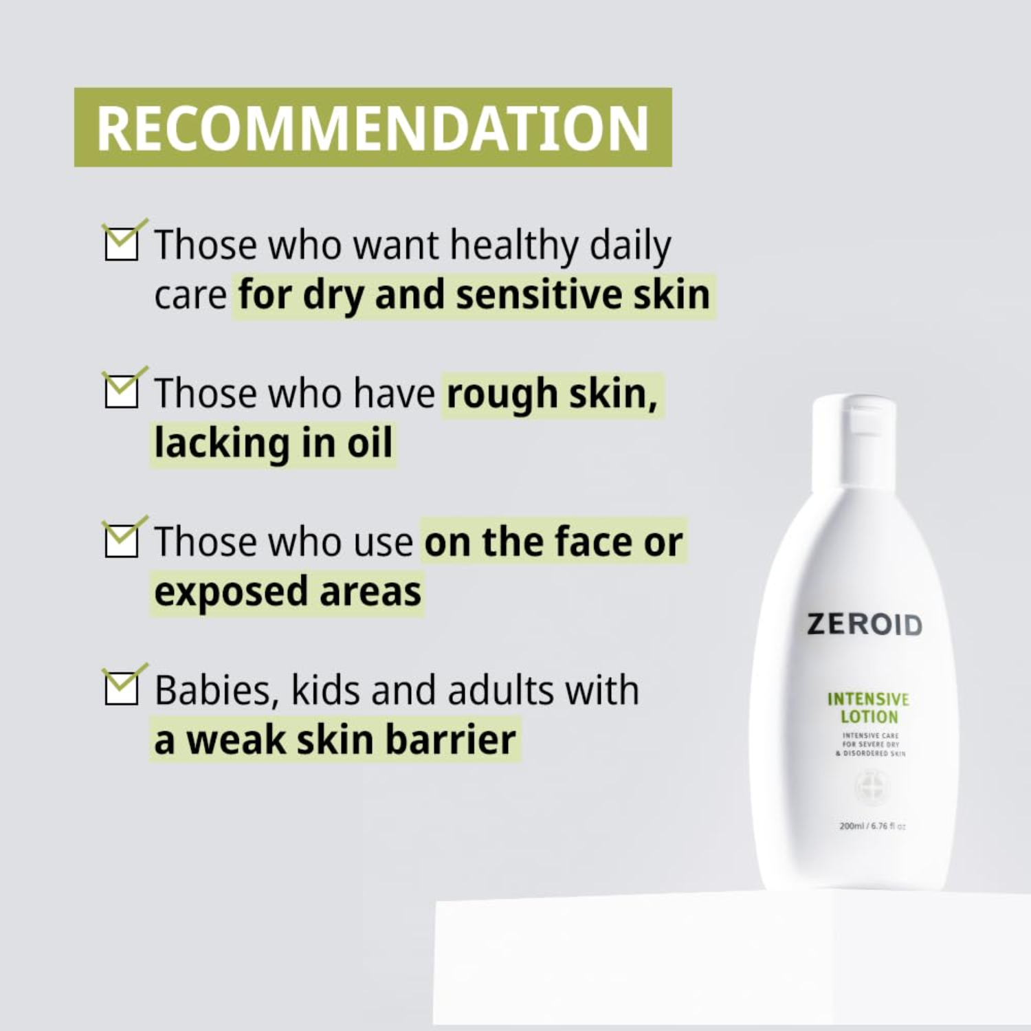 Zeroid Intensive Lotion bottle with text on healthy skin care recommendations on a gray background