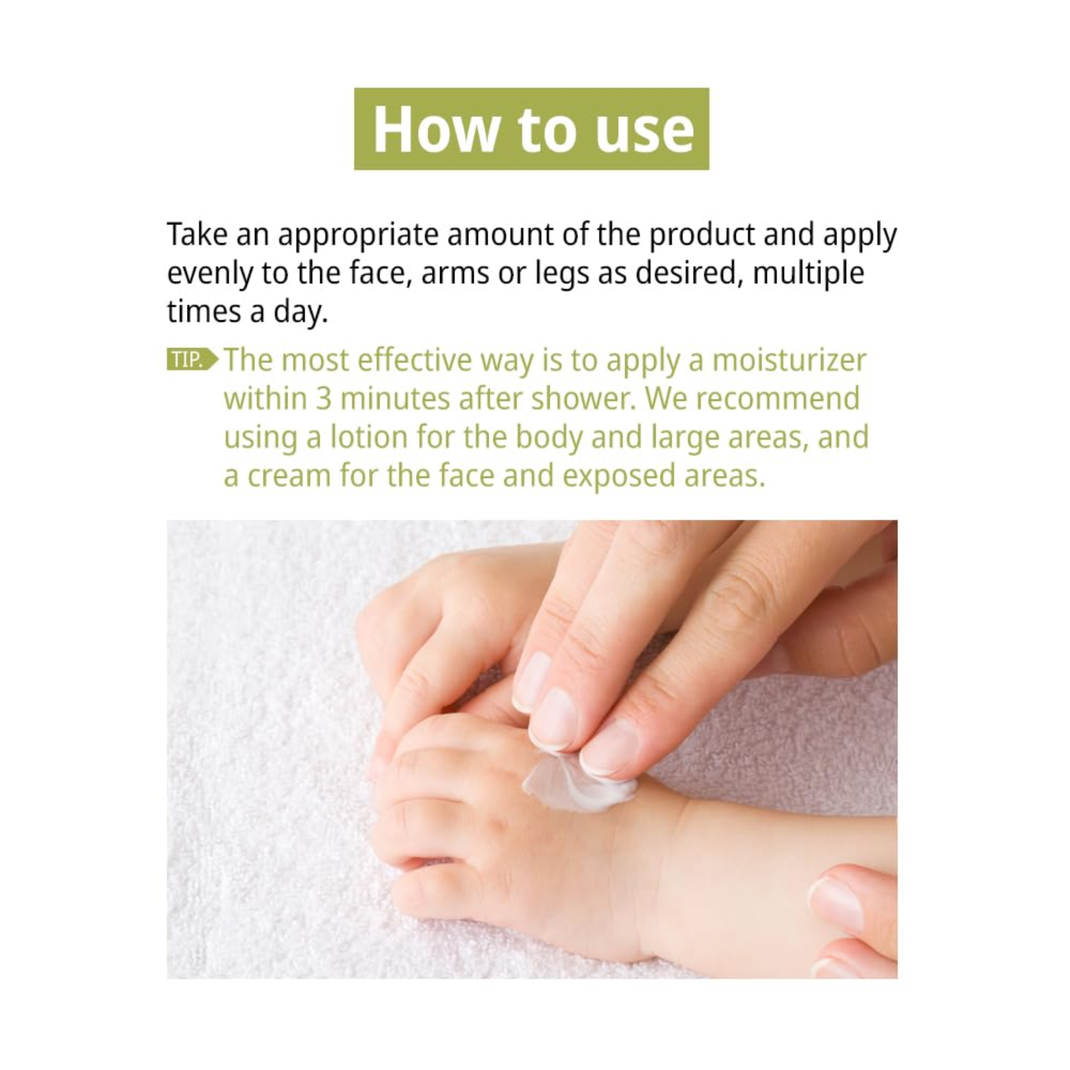 Instructions on how to use a product, with text and a close-up of hands applying it to skin.