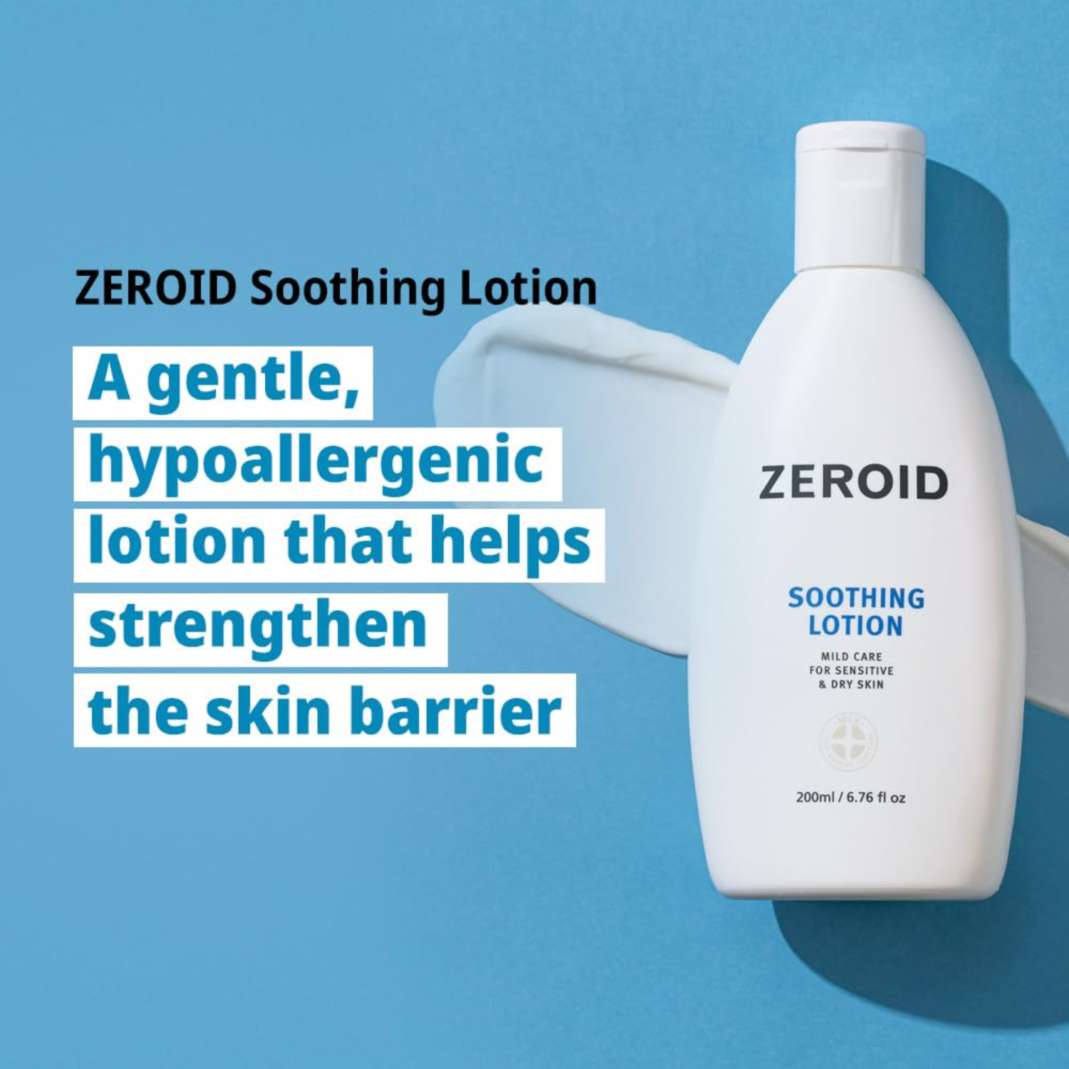 ZEROID Soothing Lotion bottle on a blue background with product description text.
